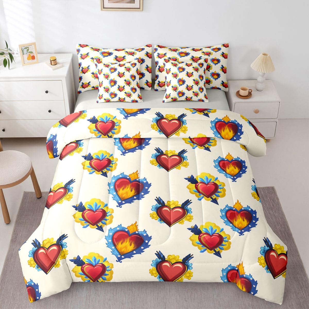 Erosebridal Heart Pattern Queen Comforter Set Red and Blue 7 Pieces Bedding Fire Flame Print Bed Set with Sheets Floral Bed in A Bag Bedroom Decor