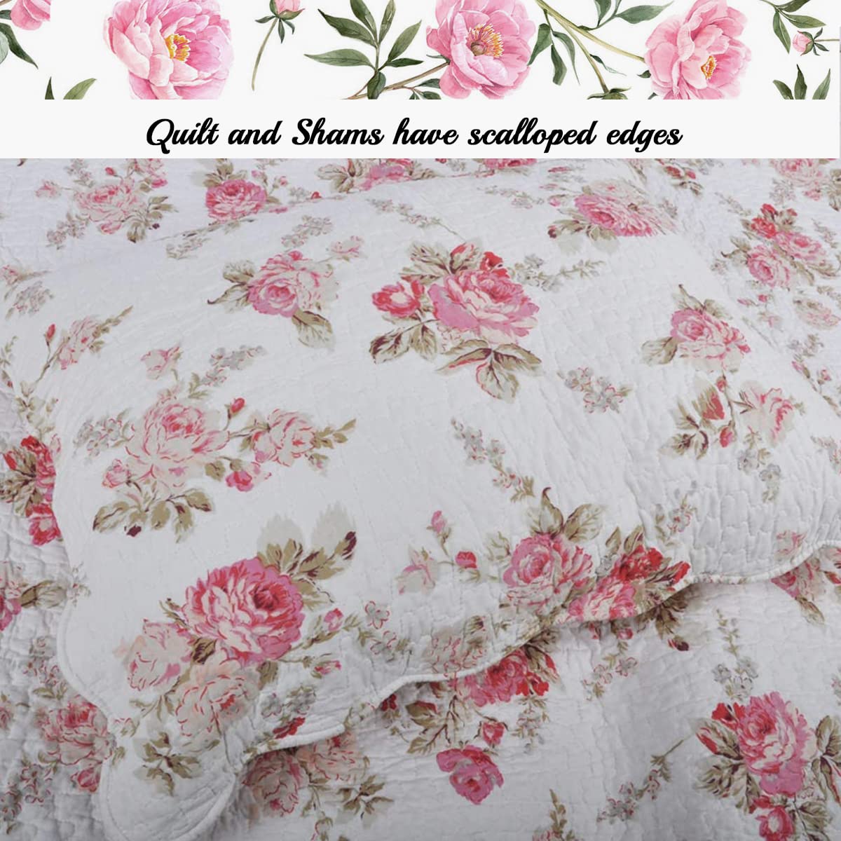 Cozy Line Home Fashions Romantic Pink Peony Floral 100% Cotton Reversible Quilt Bedding Set, Coverlet, Bedspread (Pink Peony, Queen - 3 Piece)