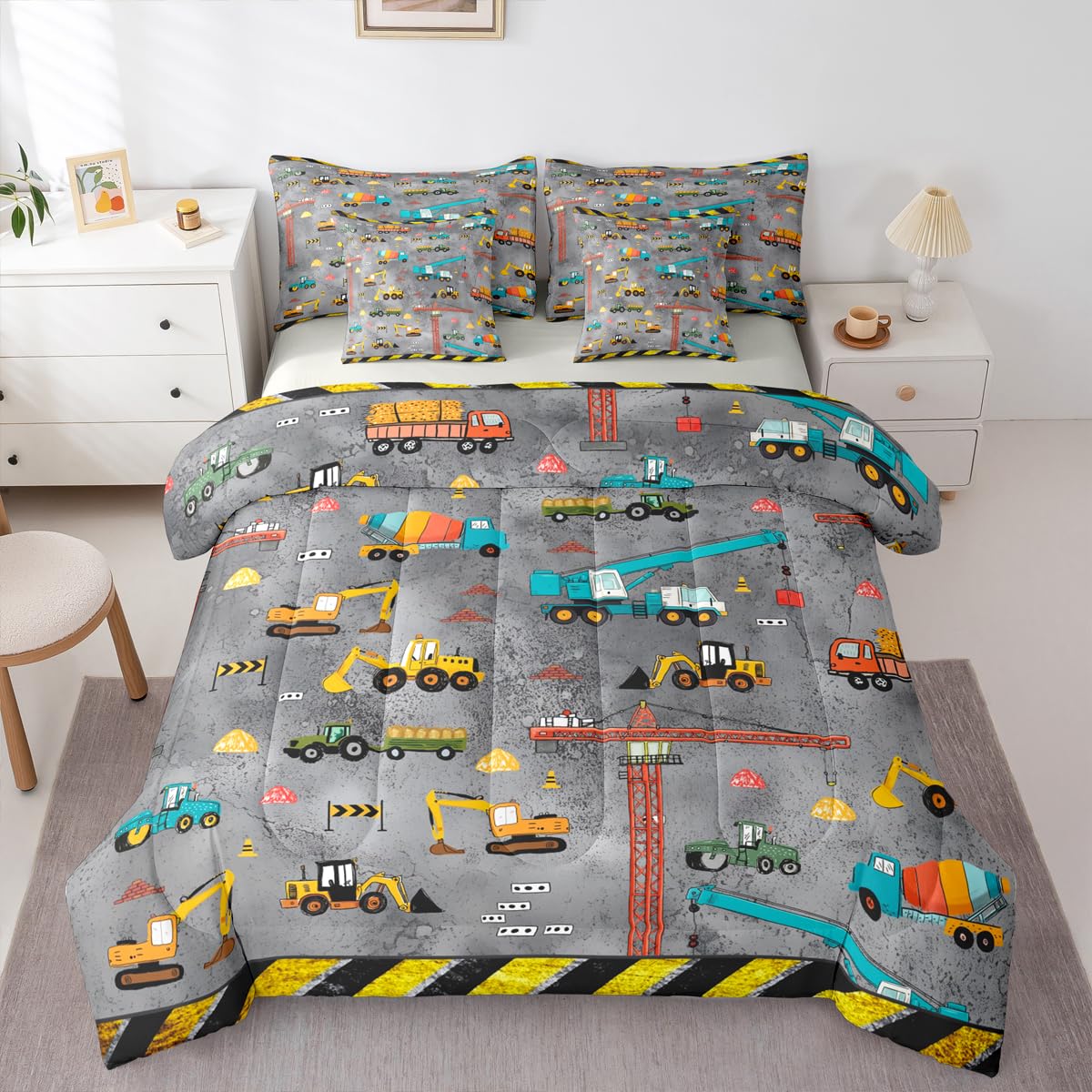 Erosebridal Kids Excavator Bed in A Bag 7 Piece Tractor Truck Comforter Set Twin Size Construction Vehicle Bedding Sets for Kids Teens Boys Girls Equipment Heavy Blender Sheet Set