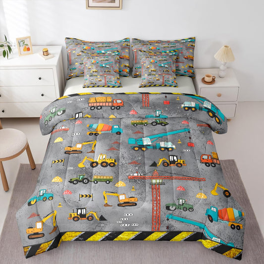 Erosebridal Kids Excavator Bed in A Bag 7 Piece Tractor Truck Comforter Set Twin Size Construction Vehicle Bedding Sets for Kids Teens Boys Girls Equipment Heavy Blender Sheet Set