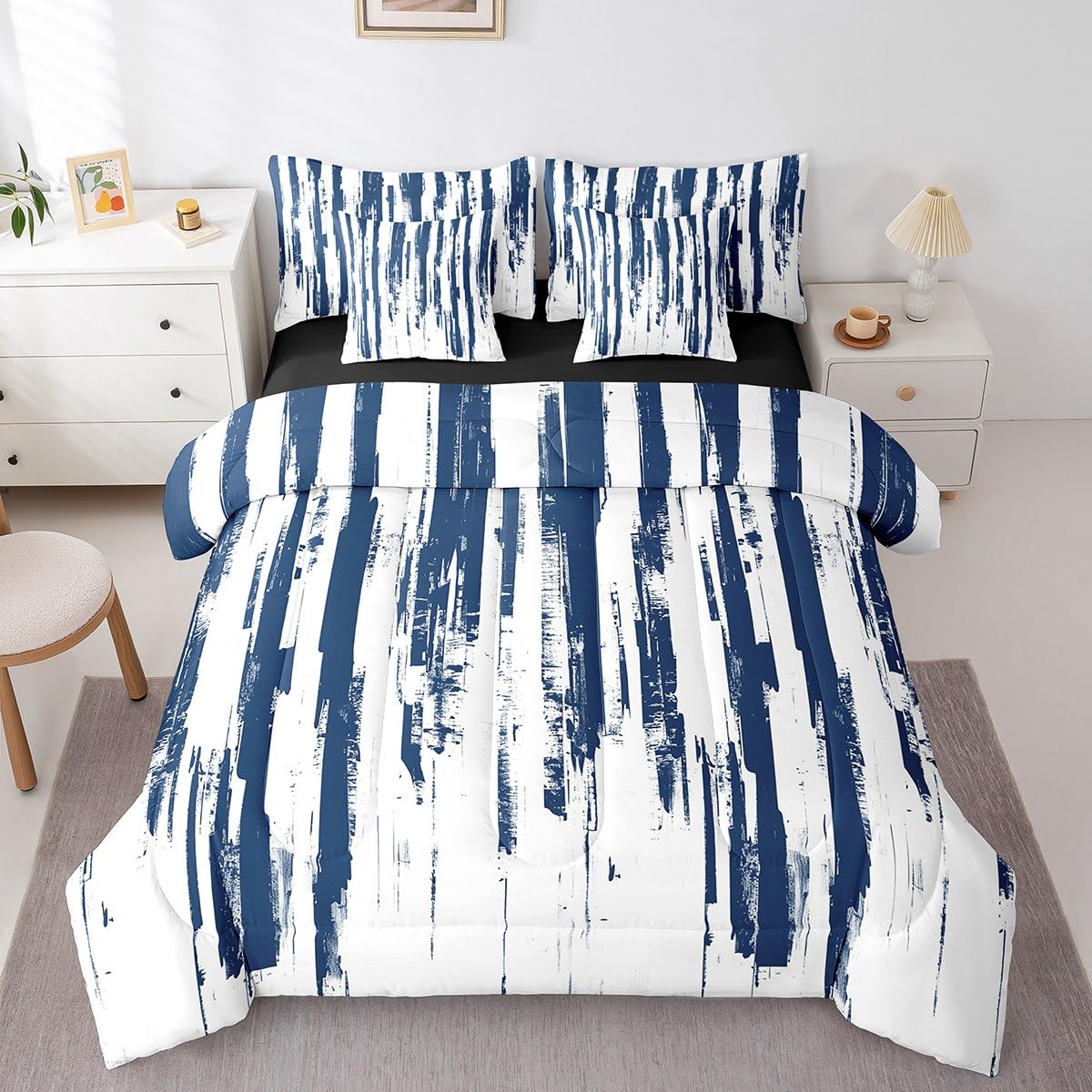 Erosebridal 7Pcs Navy Blue King Comforter Set,Teal Geometric Stripes Striped Abstract Bed in A Bag,Modern Art Aesthetic Quilt Set with Pillowcases,Watercolor Graffiti Ink Bedding with Bed Sheets