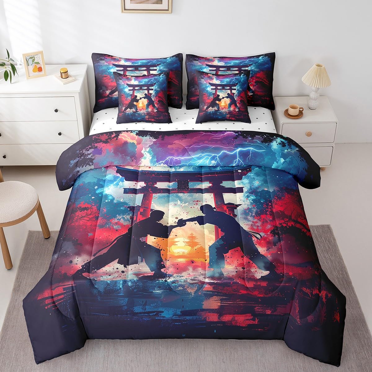 Erosebridal 7 Piece Japanese Style Full Comforter Set,Taekwondo Karate Sports Bedding Sets for Boys Kids Teens,Oriental Asian Style Kungfu Bed Set with Fitted Sheet,Flat Sheet,Pillowcases