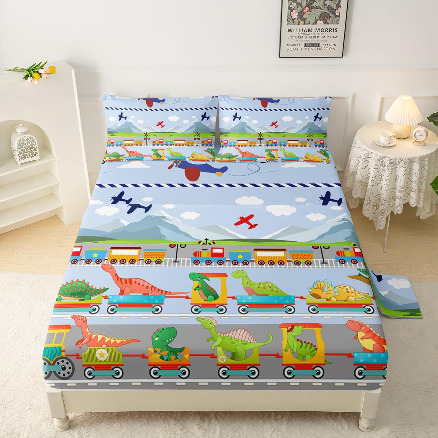 QOOMO Dinosaurs Queen Sheets Set for Boys Cute Bedding Set for Teen Kids Cartoon Dinosaurs Soft Microfiber Train Bed Sheets Kids Airplane Bed（1 Fitted Sheet, 1 Flat Sheet, 2 Pillow Cases）