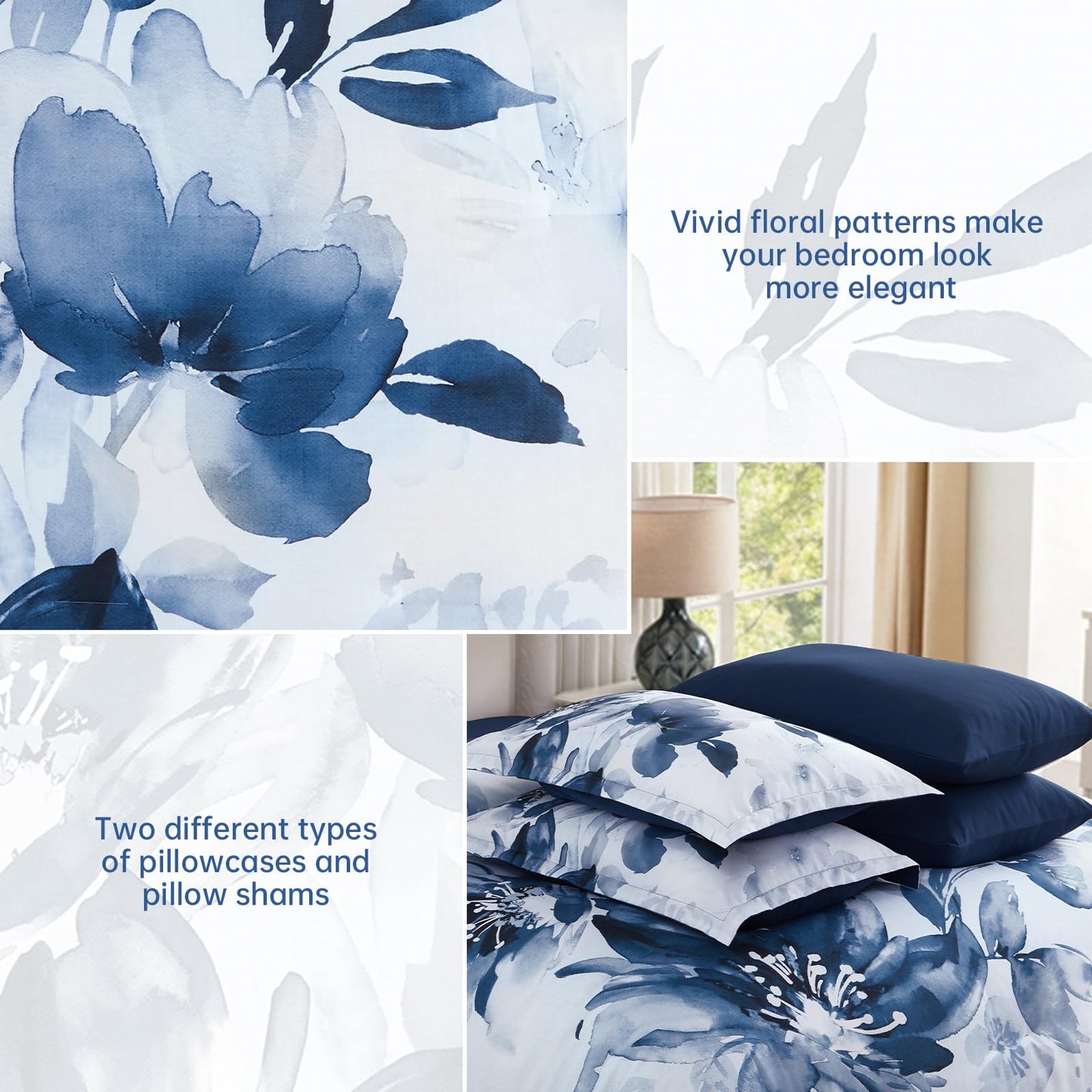 Luxudecor Floral Comforter Set Queen Size, 7 Piece Blue Flower Set Bed in a Bag,Soft Microfiber Farmhouse Shabby Chic Bedding Set for All Seasons(90"x90")