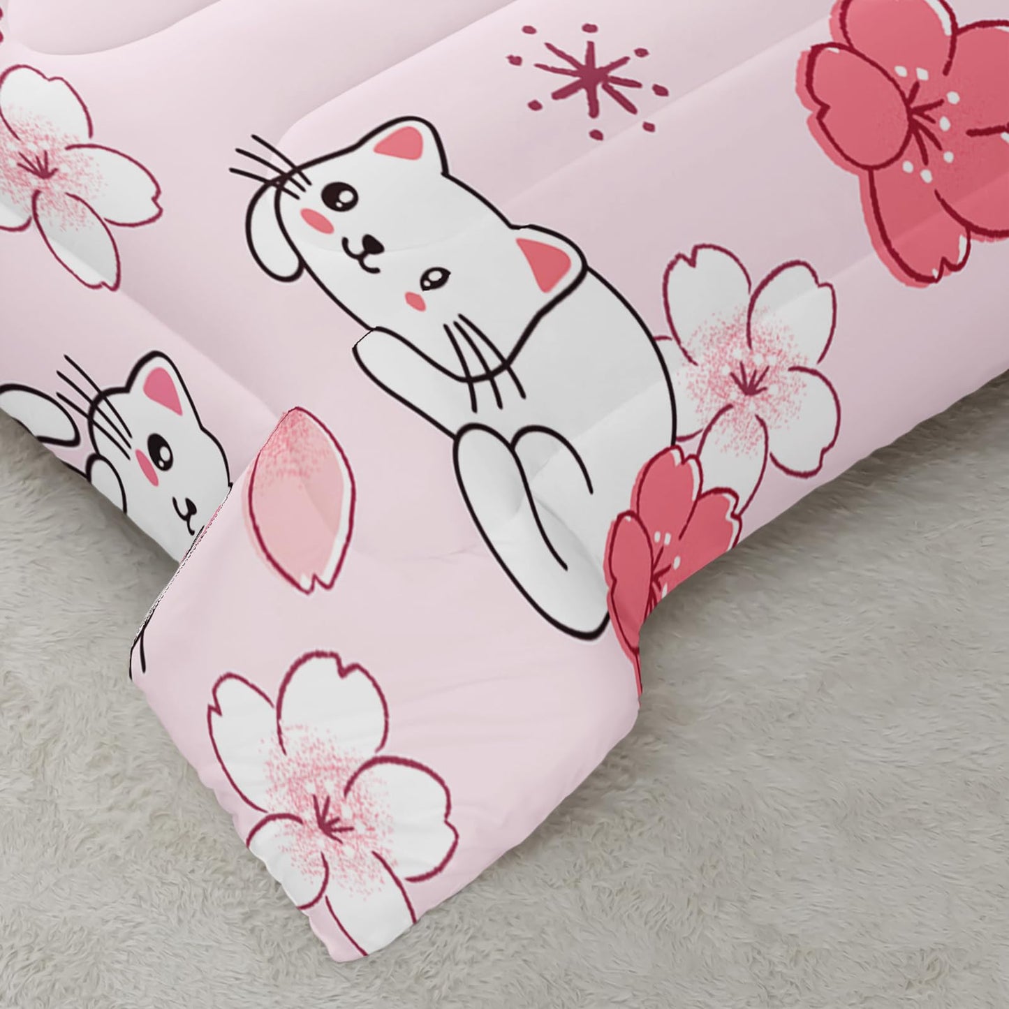 QOOMO 3Pcs Sakura Cats Comforter Set Twin,Floral Bedding Set for Teens Boys Girls,Cherry Blossom Printed Comforter with 2 Pillowcases,Down Alternative,Soft and Lightweight