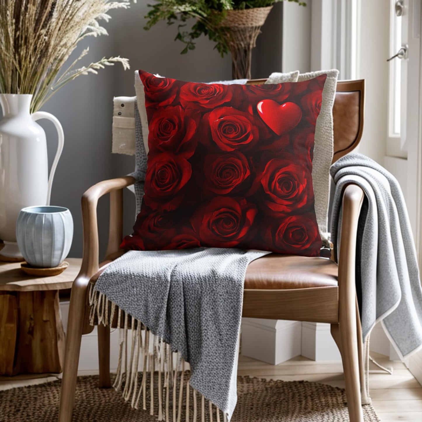 Valentines Day Pillow Covers 18X18 Inch Red Heart Rose Floral Decorative Pillow Cases Wedding Mother's Day Anniversary Cotton Linen Throw Pillows Set of 2 Home Decor For Sofa Couch Bedroom Outdoor