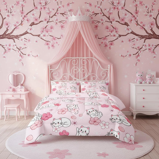 QOOMO 3Pcs Sakura Cats Comforter Set Twin,Floral Bedding Set for Teens Boys Girls,Cherry Blossom Printed Comforter with 2 Pillowcases,Down Alternative,Soft and Lightweight