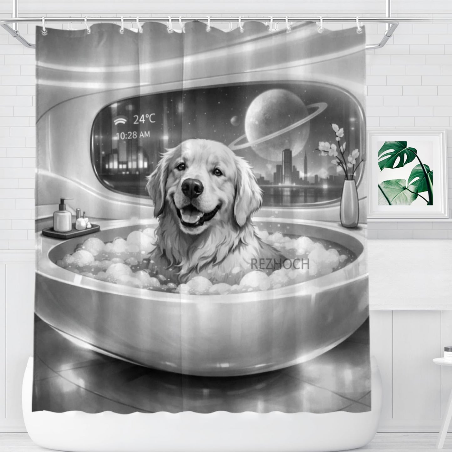REZHOCH Black and White Fun Golden Retriever Dog Shower Curtain 72x72Inch,Futuristic Design Modern Minimalist Home Bathroom Decor,Cute Animal Bathtub Bubble Waterproof Bath Set with Hooks