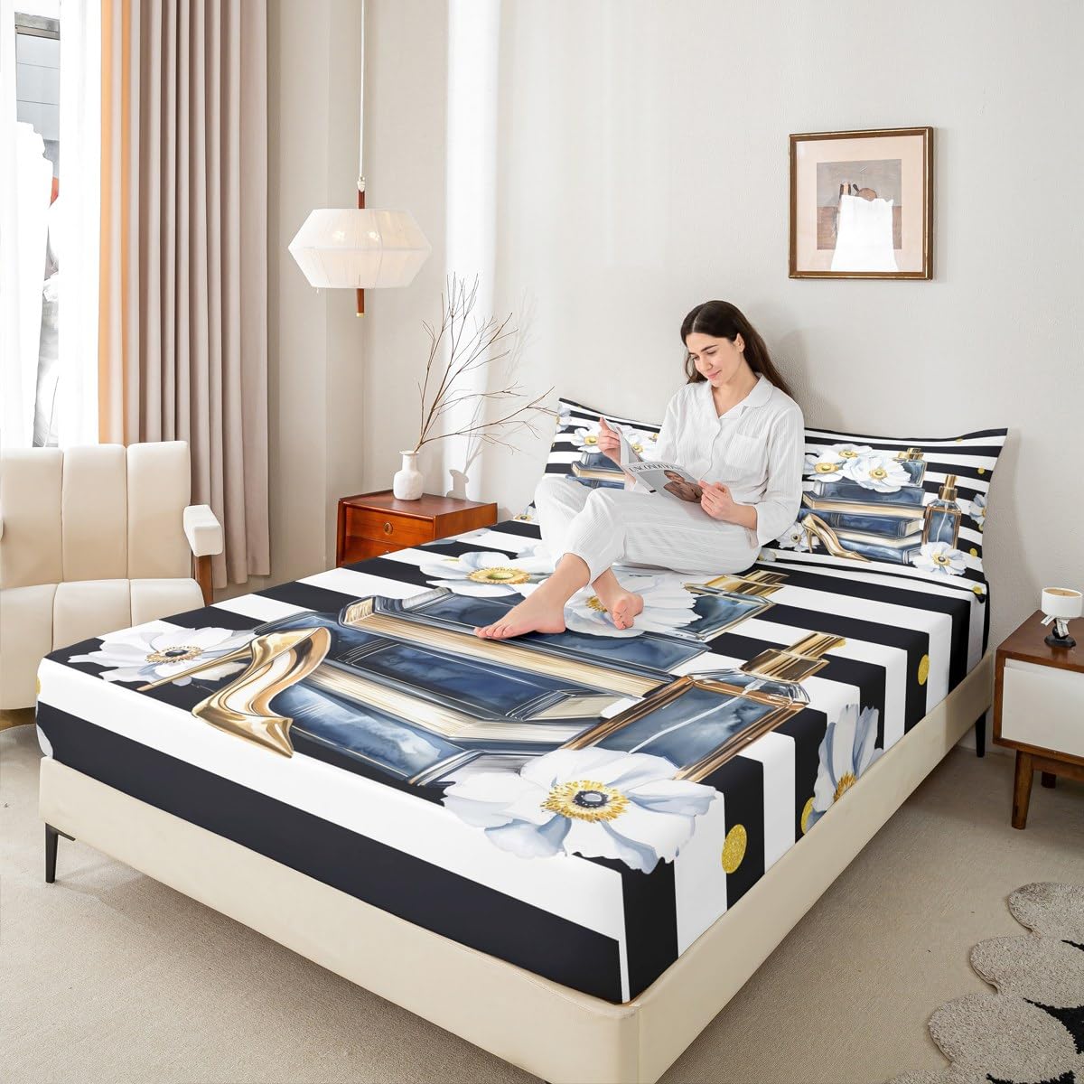 Erosebridal Modern Chic Fashion Sheet Set King Women Trendy Aesthetic Floral Bed Sheets for Girls Teens Navy Blue Watercolor Book and Perfume Sheets Boho Black and White Abstarct Striped Bedding Set