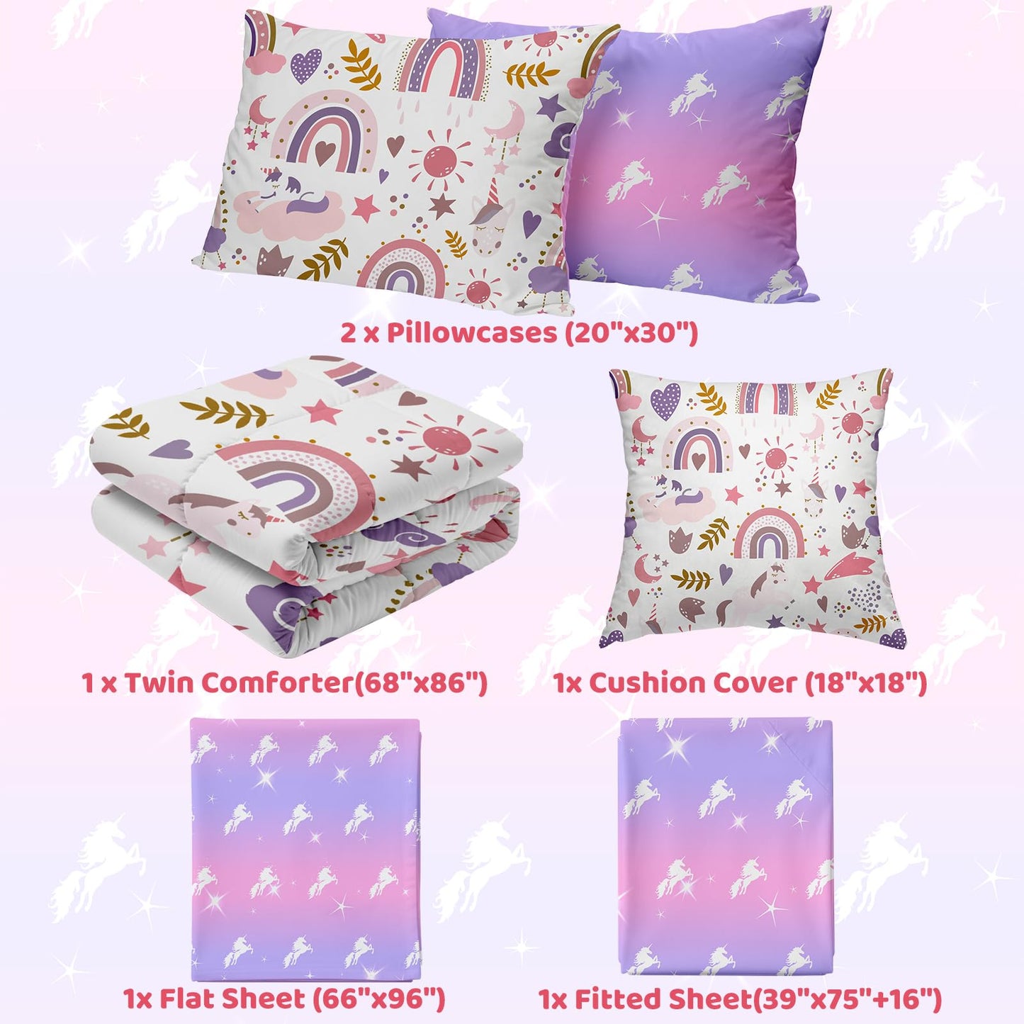 Mfmiudole Unicorn Twin Bedding Sets for Girls, 6 Piece Bed in a Bag, 3D Unicorn Comforter Set for Girls & Boys with Comforter Sheets, Pillowcases & Shams, Lightweight, Breathable, Easy Care