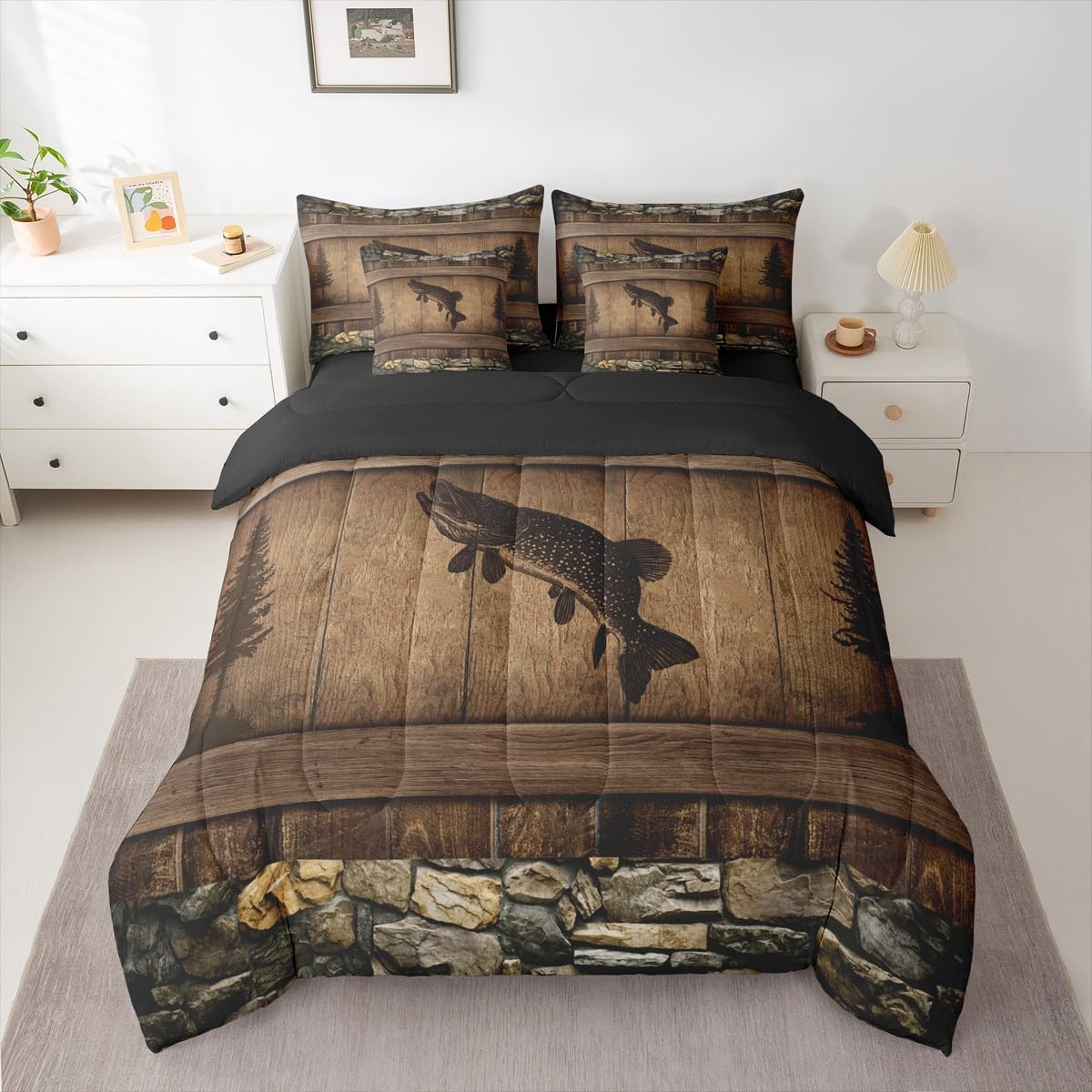 Erosebridal 7 Pieces Kids Camo Pike Fish Comforter Set for Teens Adults - Full Size Rustic Hunting and Fishing Bedding Set Country Farmhouse Cabin Bed in A Bag Rural Woodland Wild Animal Quilt Sets