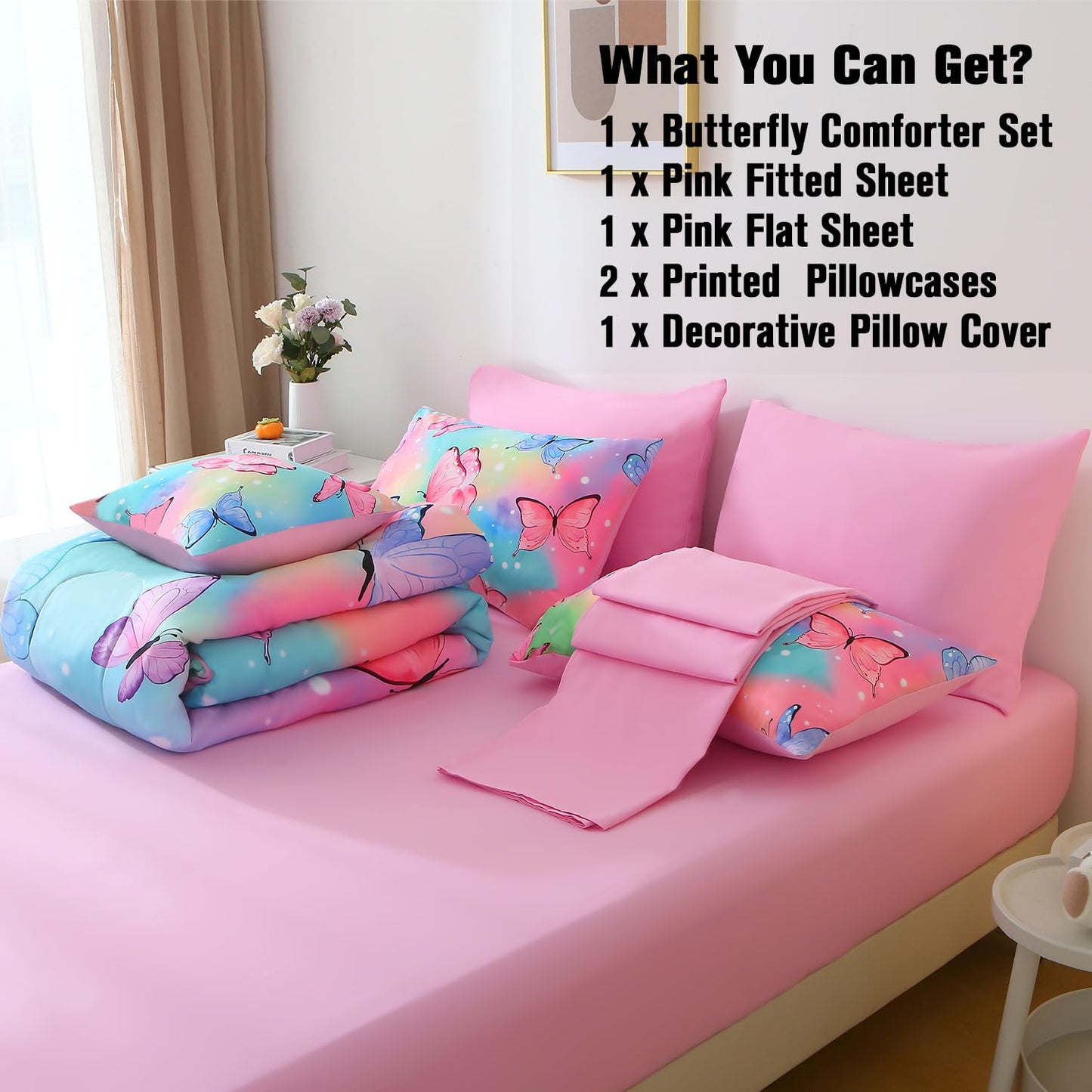 JQinHome 6 Pc Twin Rainbow Butterfly Comforter Set - 3D Butterfly Design Butterflies Bedding with Sheet Sets Bed in A Bag for Girls Kids Teens (Rainbow)