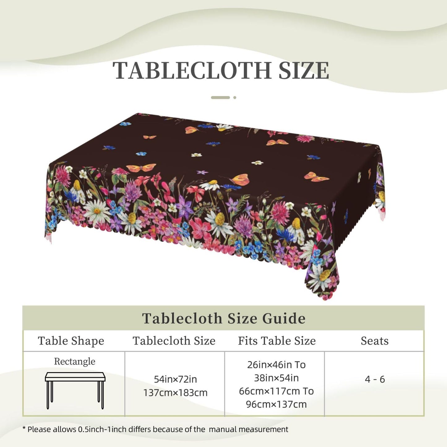 MENGFEISI Wildflowers Tablecloth Polyester Daisy Meadow Herbal and Butterfly Table Cover Square Botanical Floral Table Cloth Tablecloths Washable for Party Holiday Dinner Decor, 54" x 72"