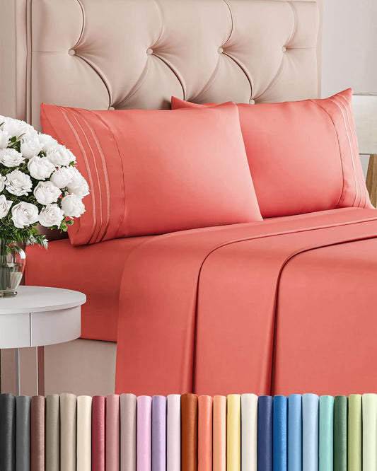 Full Size 4 Piece Sheet Set - Comfy Breathable & Cooling Sheets - Hotel Luxury Bed Sheets for Women & Men - Deep Pockets, Easy-Fit, Extra Soft and Wrinkle Free Sheets - Coral Oeko-Tex Bed Sheet Set