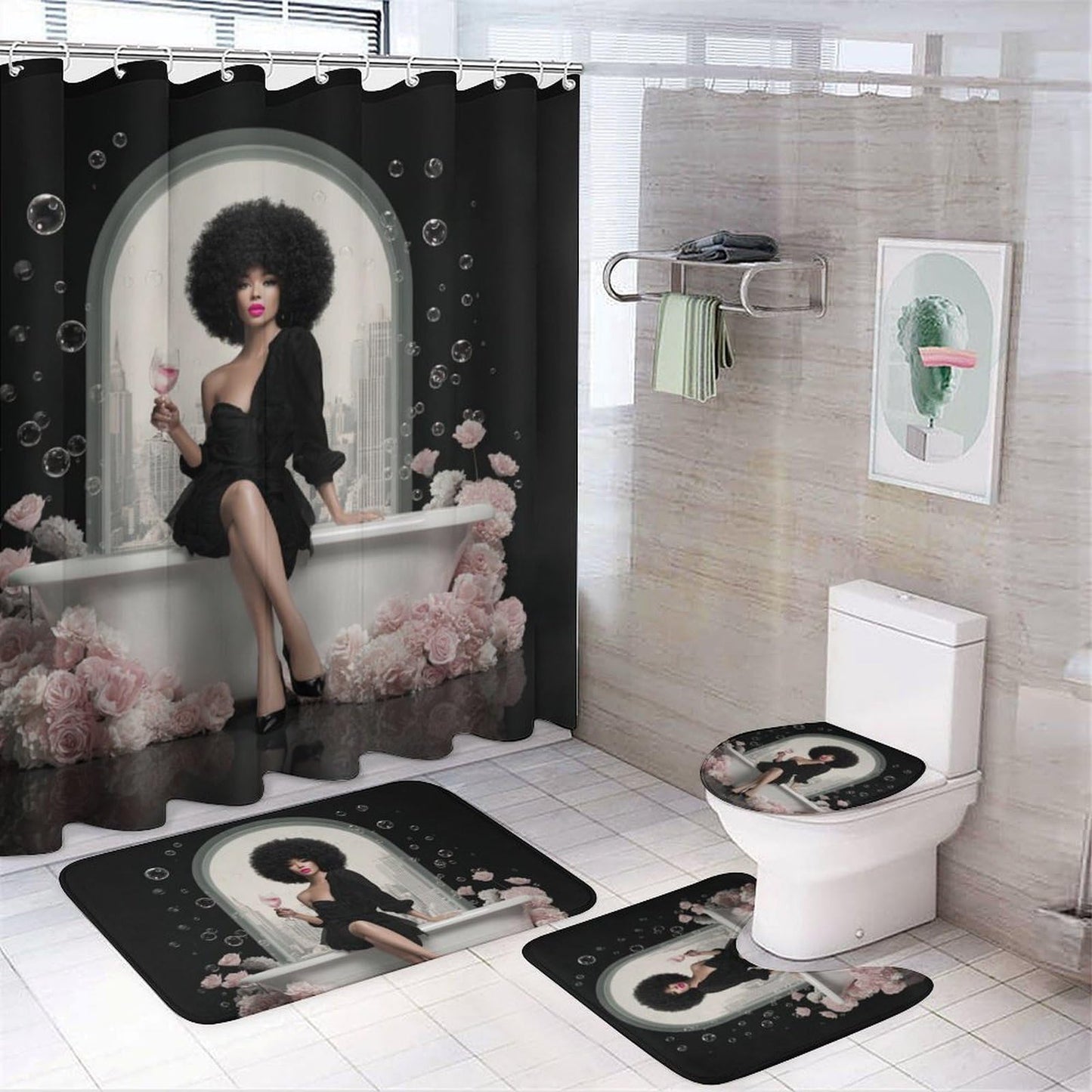 XSUPFLYM Modern Classic Black Women Waterproof Fabric Shower Curtain Beautiful Elegant Bathroom Art American African Women Bathroom Shower Curtain Set with Hooks-72 W x 72" L