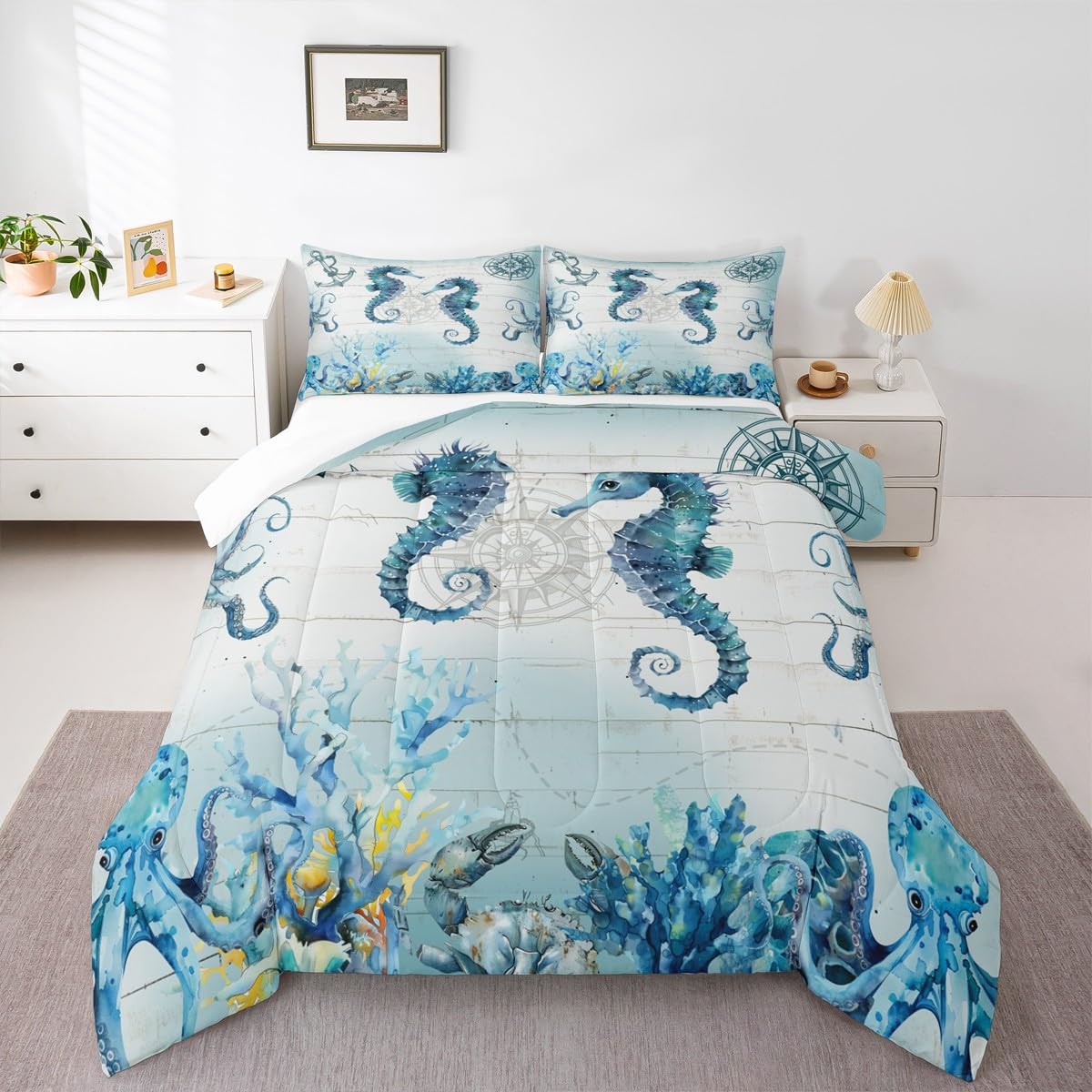 Manfei Hippocampus Comforter Set Twin Size, Sea Turtle Seahorse Octopus Quilt Set with 1 Pillowcase, Nautical Anchor Compass Bedding Set 2pcs for Kids Boy Girls Marine Life Duvet Insert
