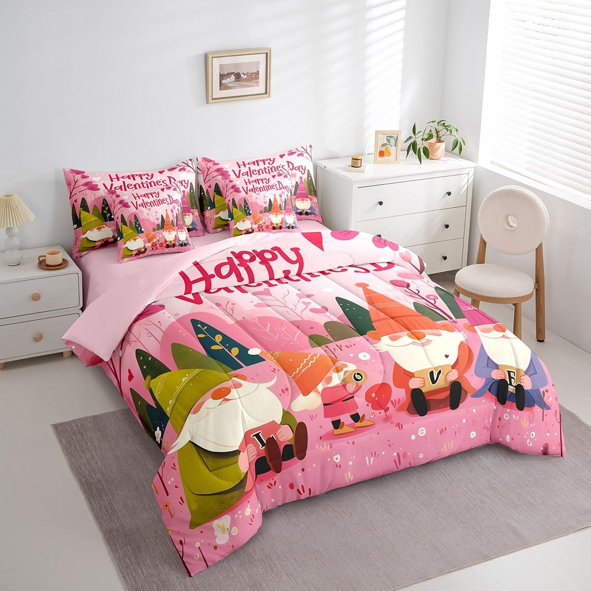 Erosebridal Happy Valentines Day Gnomes Queen 7 Piece Bedding Set - Cute Gnome Kids Comforter Sets with Sheets for Girls Boys, Romantic Pink Love Heart Print Bed in a Bag with Fitted + Flat Sheet