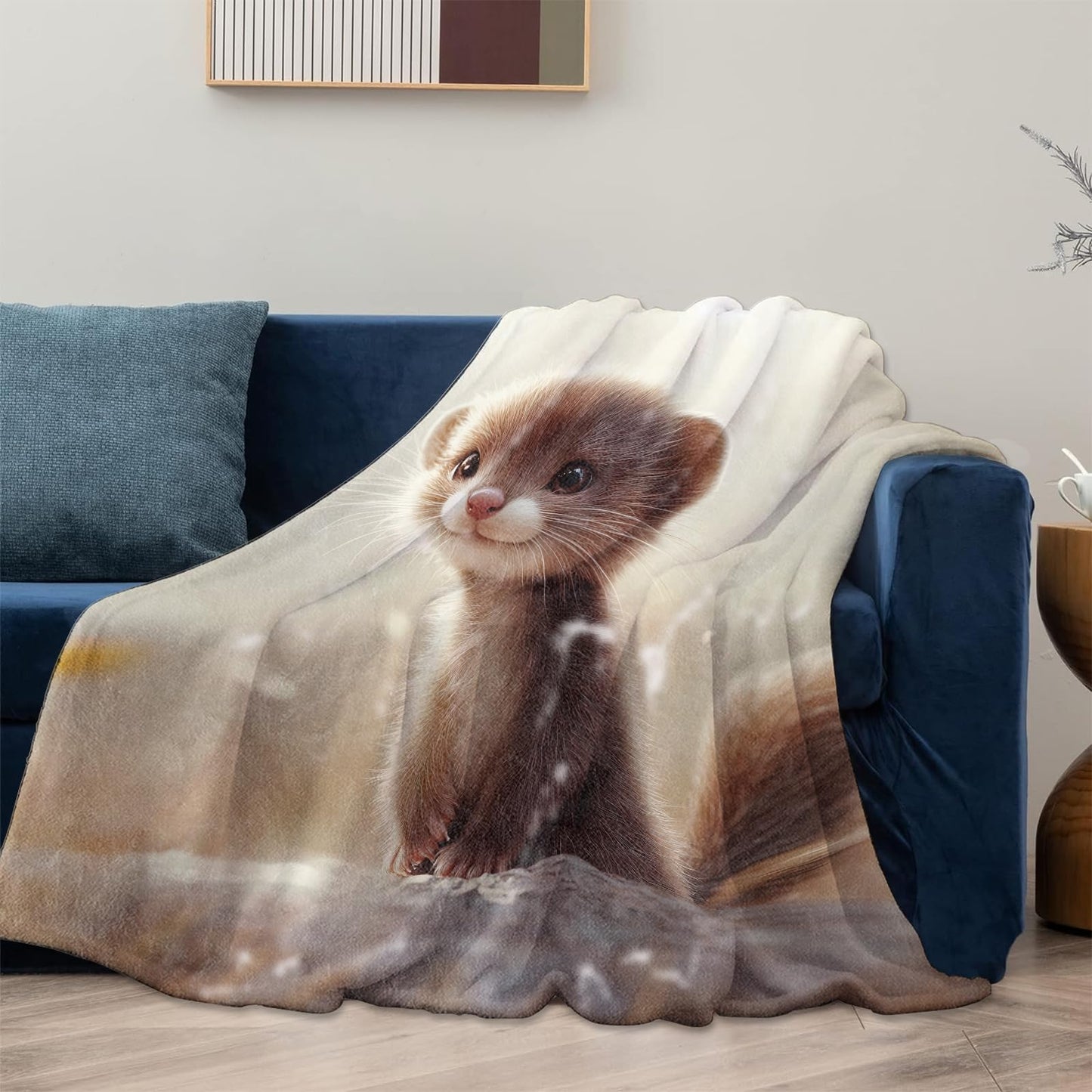 Mounidso Cute Ferret Blanket, Cute Animal Print Flannel Blanket Gifts for Women, Soft Warm Lightweight Ferret Blankets for Living Room Home Sofa Travel Decor 50" x 60"