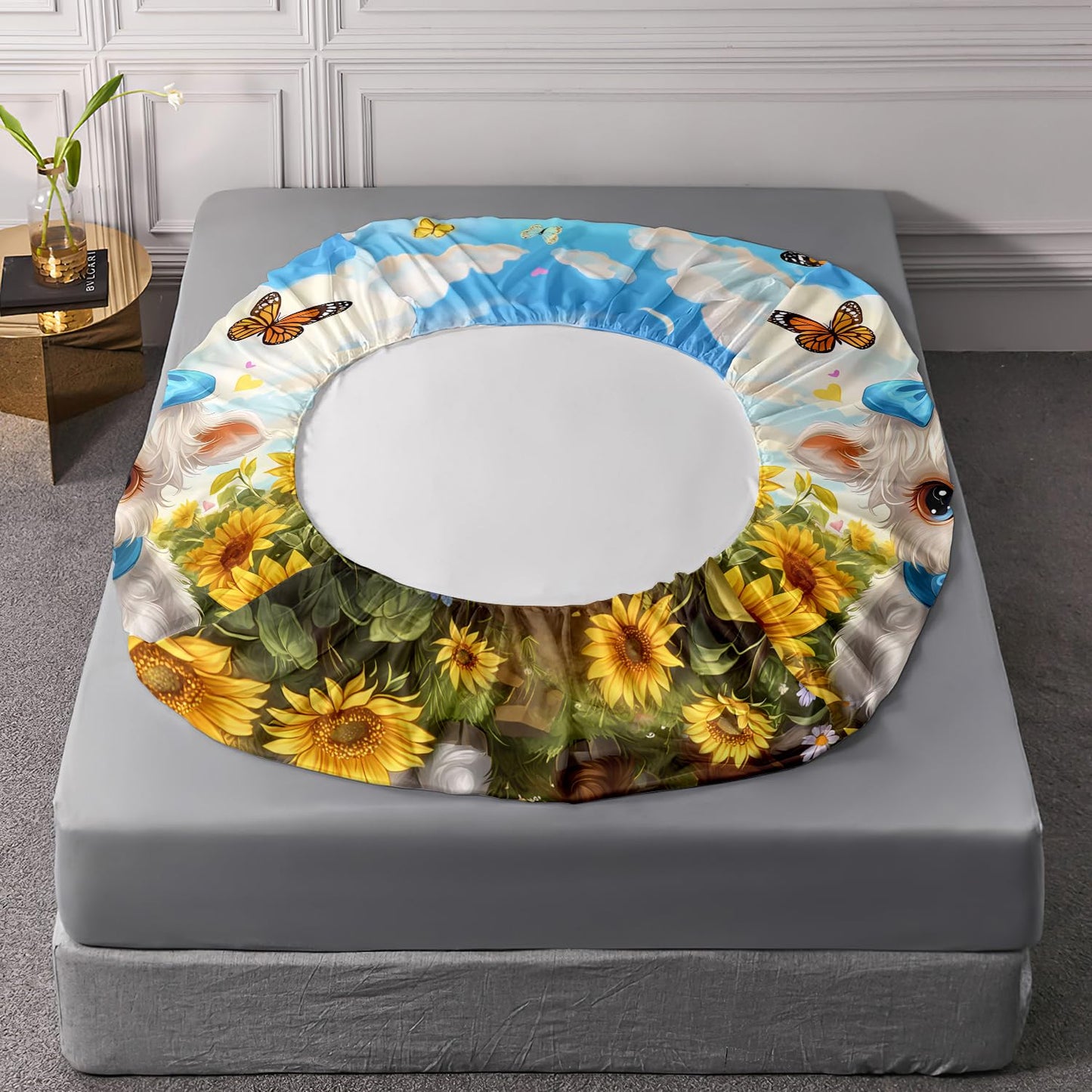 HOSIMA Highland Cow Fitted Sheet Full for Kids,Cute Cows in Sunflowers Field,Butterfly Pattern Animal Themed Kawaii Bedding for Boys Girls Room Decor,1 Fitted Sheet+2 Pillowcases.