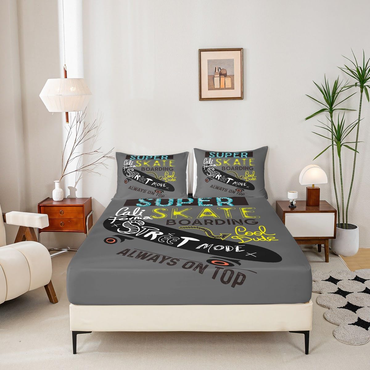 Feelyou Youth Skateboard Bedding Set Kids Extreme Sports Theme Bed Sheet Set Boys Teens Hipster Fitted Sheet Hip Hop Street Culture Bed Cover,Room Decor 3Pcs Sheets Full Size,Gray