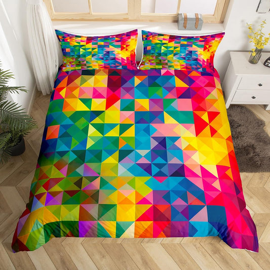 Kids Rainbow Comforter Cover King, Colorful Abstract Geometric Pattern Bedding Set with Triangles Polygon Duvet Cover for Girls Adult Teens,Modern Soft Luxury Microfiber Decorative Bedding Zipper