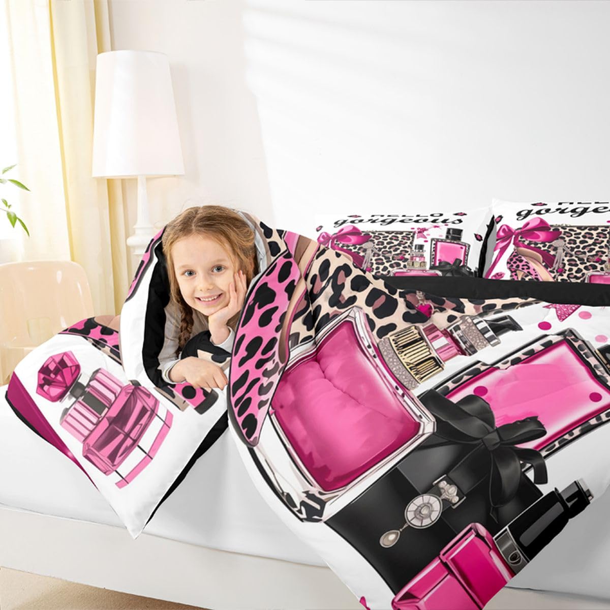 Erosebridal Black and Pink Leopard Print King Bedding Set | Fashion Modern Girly Comforter Set Bow Perfume High Heels Bed Collections Trendy Stylish Girls Duvet Quilt Sets