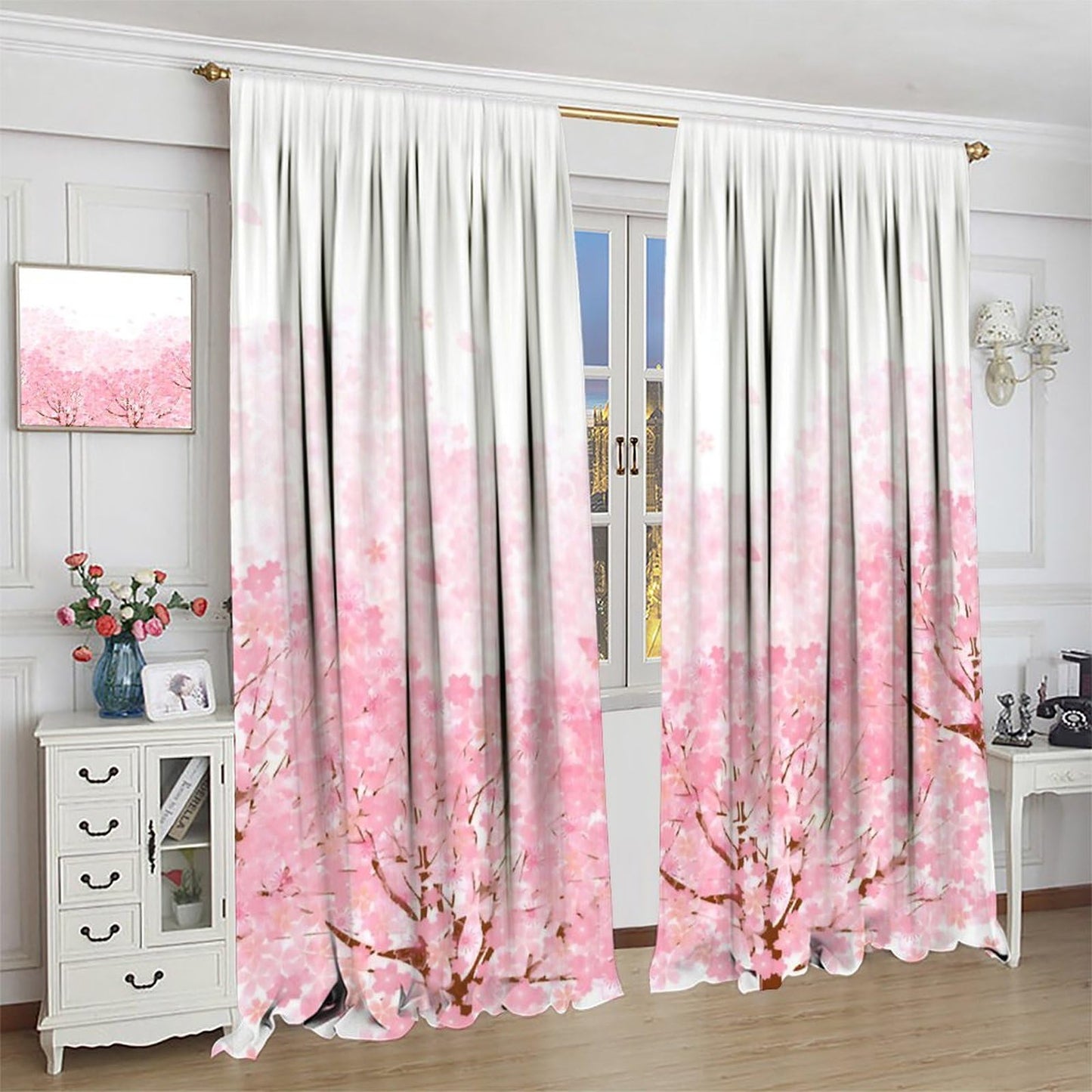 Mchenxin Cherry Blossom Window Curtains, Spring Pink Cherry Blossom Tree Flowers Falling Petals Japanese Asian Style Window Drapes for Kitchen Bedroom, 42x45in (No Blackout)