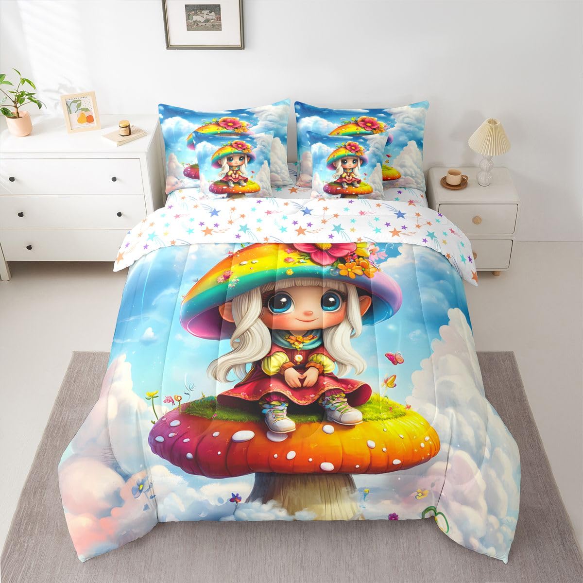 Feelyou Cute Mushroom Decor Comforter Set with Sheets 7 Piece Twin Size Cartoon Mushrooms Bed in a Bag Kids Boys Girls Kawaii Fungus Bedding Set Rainbow Bedroom Decor Breathable Soft Lightweight