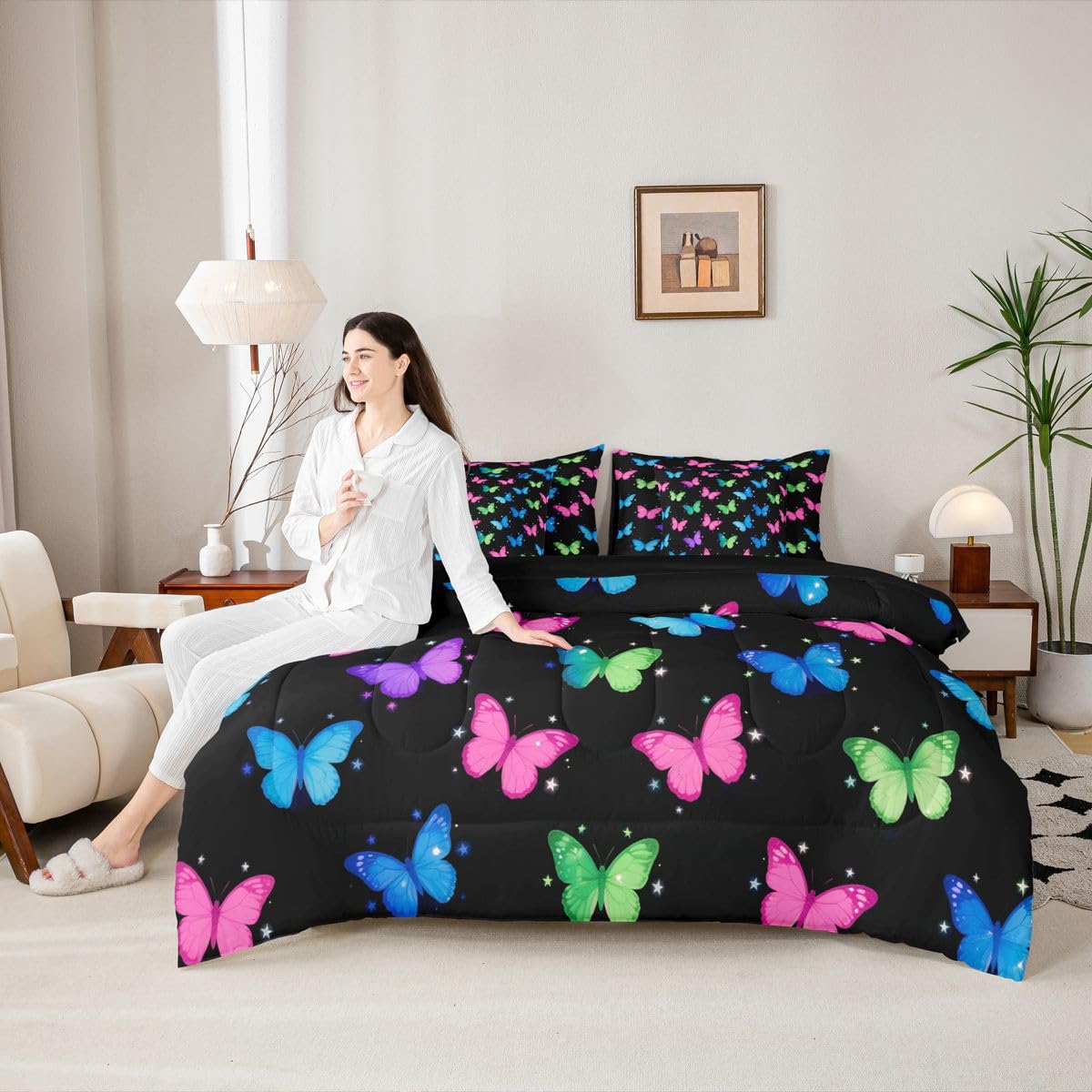 Erosebridal Neon Butterfly Print 7 Piece Bedding Set Twin Watercolor Butterflies Kawaii Comforter Set with Sheets Colorful Animals Print Bed in a Bag Vibrant Star Motif Bed Sets Comforter