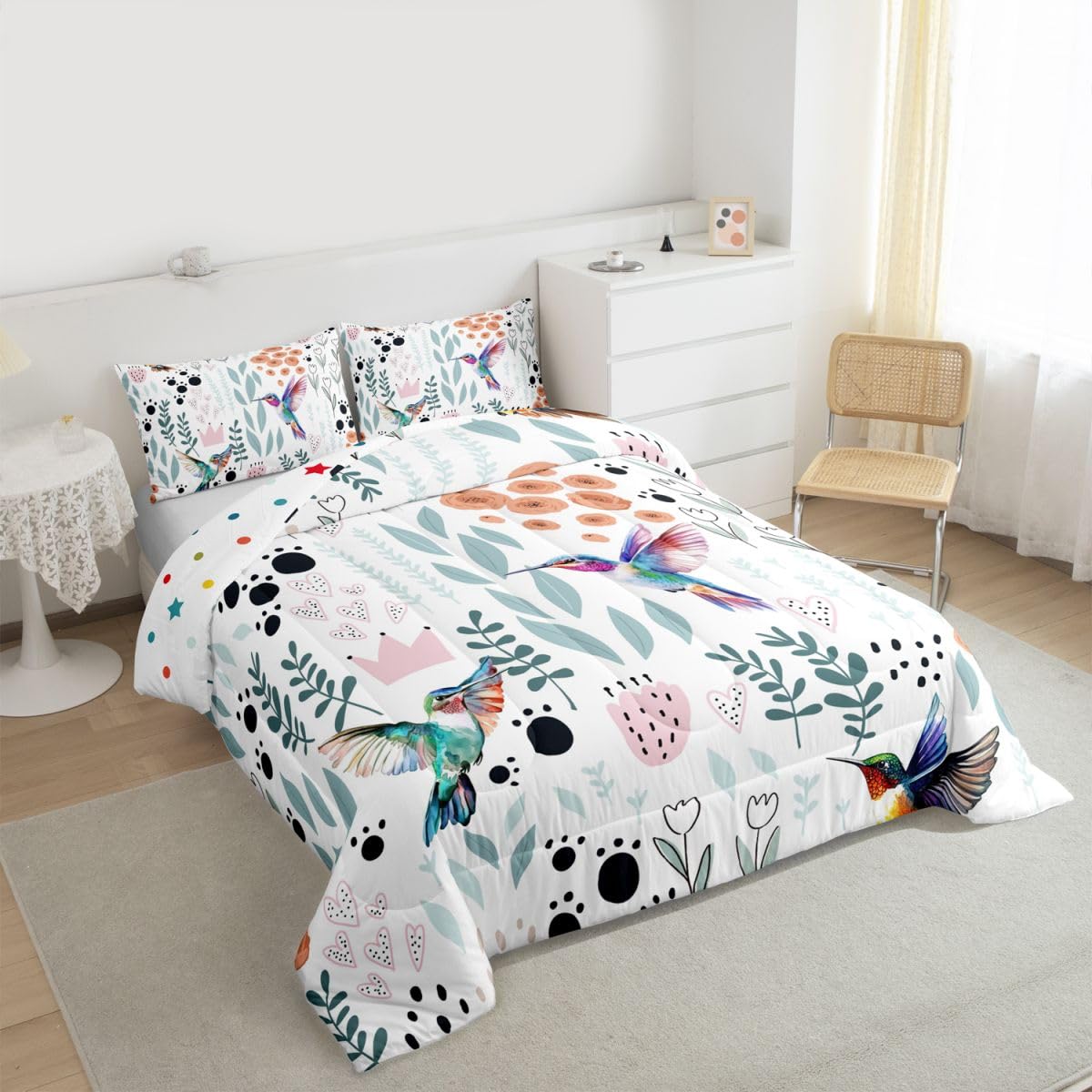 Erosebridal Hummingbird Bedding Set,Cartoon Hummingbird Comforter Set Twin,Cute Love Heart Leaf Flower Comforter Set for Kids Girls Boys,Paw Print Animals Quilt Duvet Insert with 1 Pillow Case