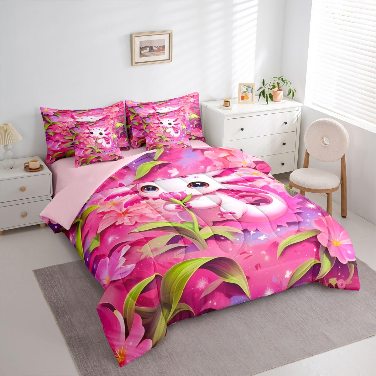 Erosebridal Kids Floral Axolotl Twin Size Bedding Set Teen Girl Cute Axolotl 7 Pieces Comforter Set with Sheets Romantic Sea of Flowers Bed in a Bag Girly Pink Sea Ocean Animal Bed Sets