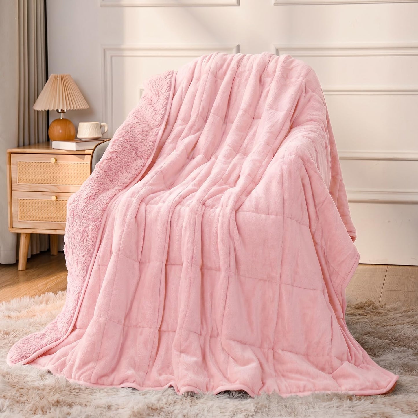 Sivio Sherpa Fleece Blanket for Adult, 15lbs Heavy Fuzzy Throw Blanket with Soft Plush Flannel, Reversible Twin Size Super Soft Extra Warm Cozy Fluffy Blanket, 48x72 Inch Dual Sided Pink