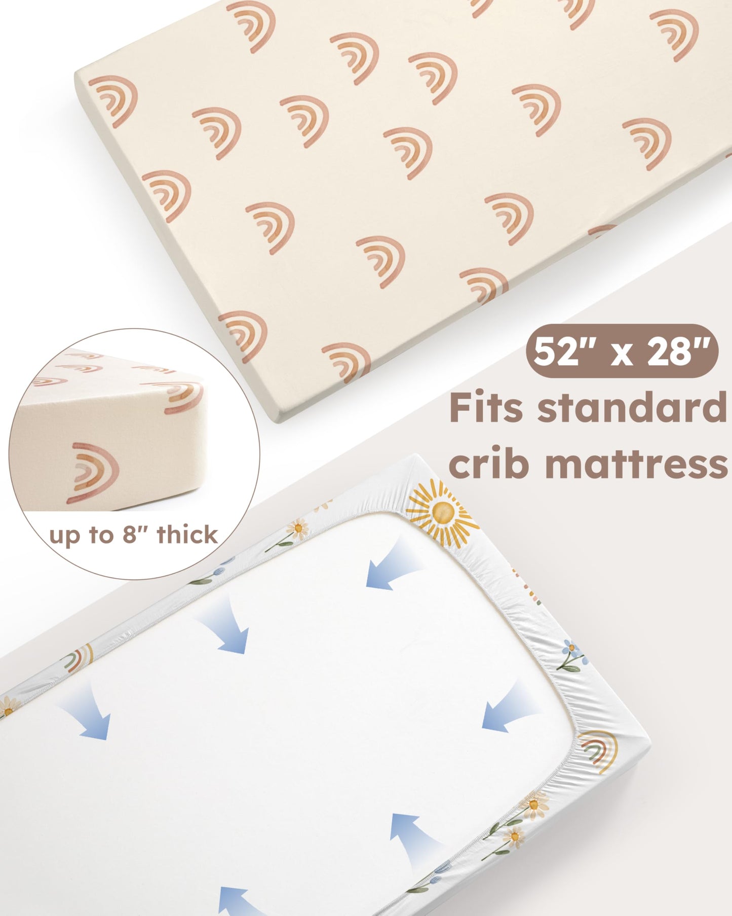 Nyessmee Baby Crib Sheets for Boys and Girls, Fitted Crib Sheets 52" x 28", Soft Breathable Microfiber Sheets for Standard Crib and Toddler Mattress, 2-Pack Orange Rainbow