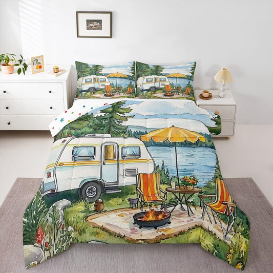 Erosebridal Camper Rv Car Bedding King,Happy Camping Comforter Set Travel Trailers Bed Sets Watercolor Painting Theme Duvet Insert 3 Pieces