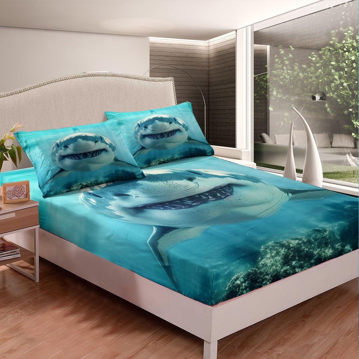 Shark Bedding Set Queen Size,3D Shark Bule Underwater World Deep Pocket Bed Sheet,Marine Life Fitted Sheet 3pcs for Youth Women Bedroom Decor,Ocean Animal Style Bed Sheets,2 Pillowcases,No Top Sheet
