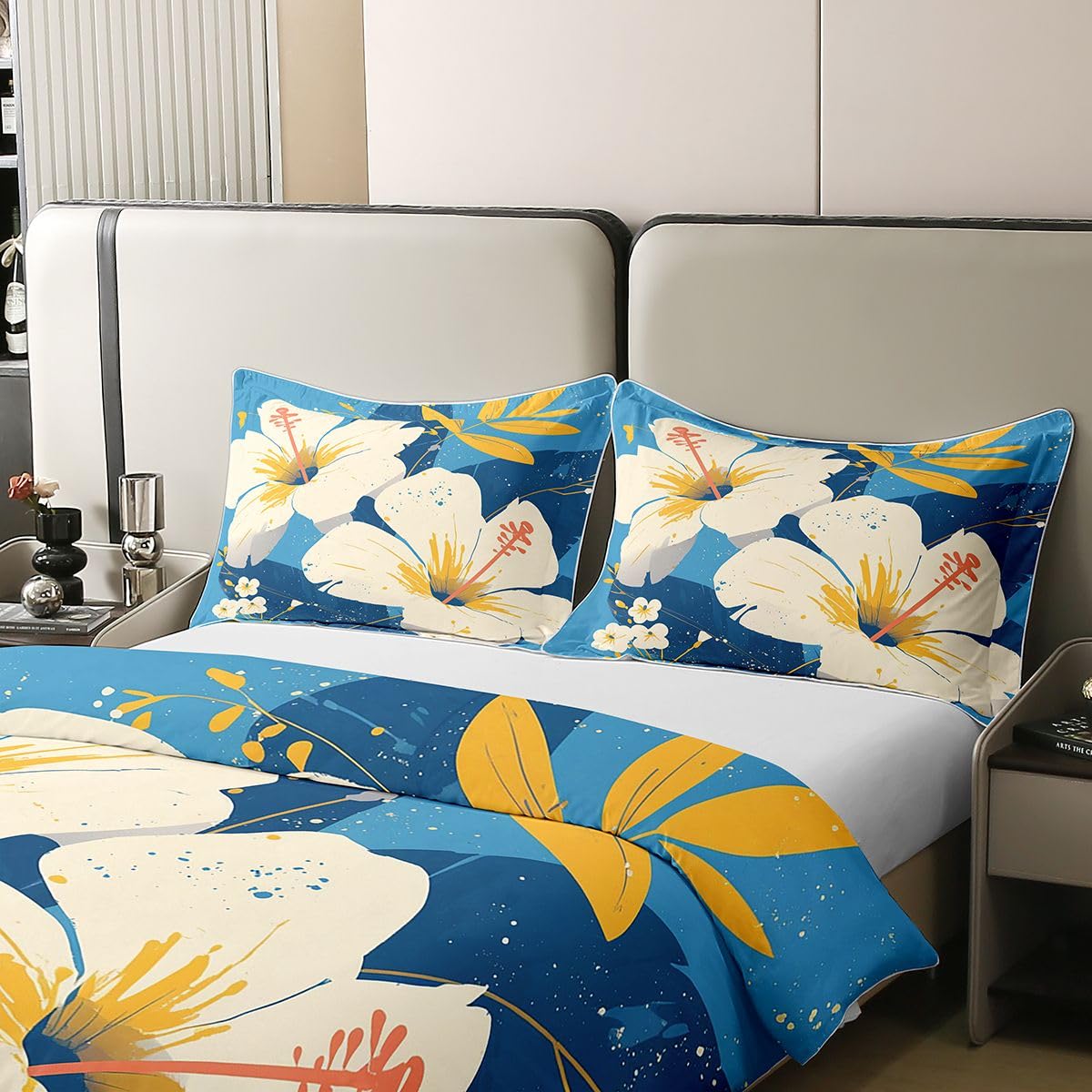 Erosebridal Summer Florals 100% Cotton Duvet Cover Full Beige Flower Bedding Set for Kids Girls Boys Adults Beige Blue Comforter Cover Spring Garden Botanical Bedclothes 3 Pcs