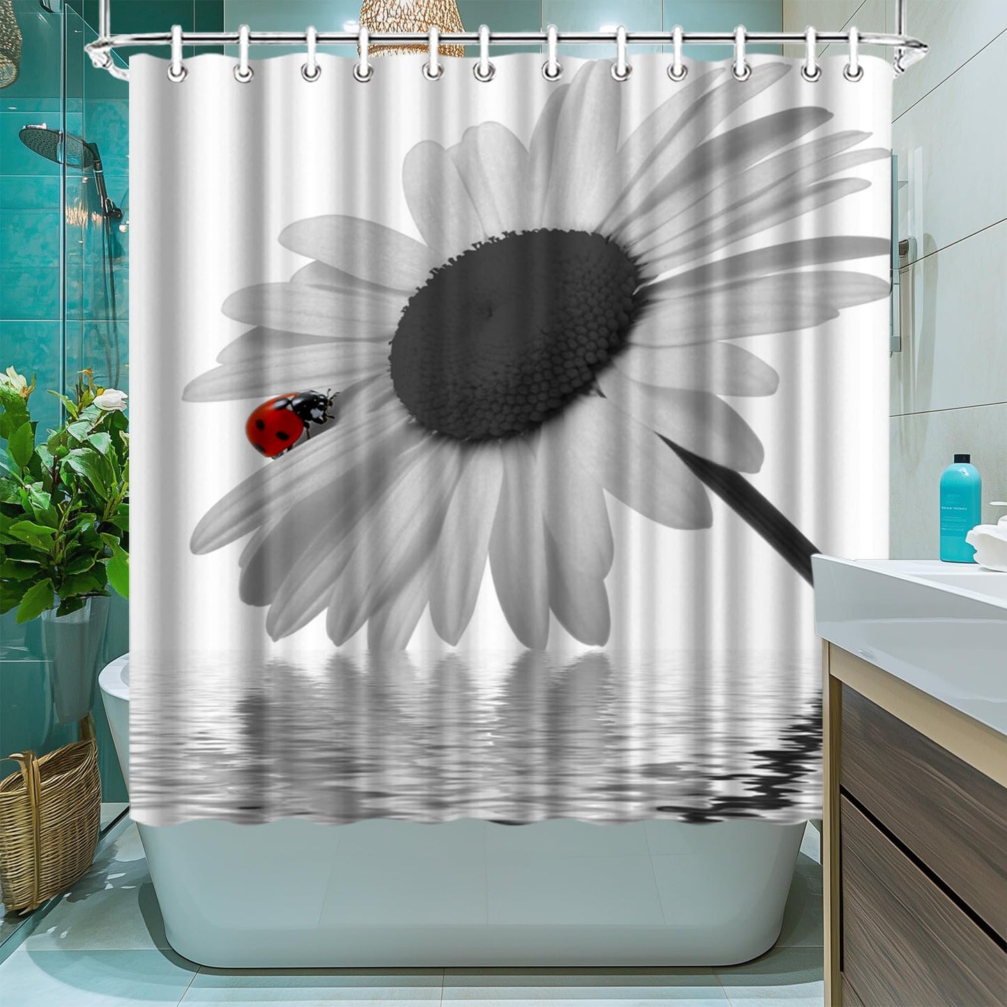 LeAquaNook Sunflower Shower Curtain Black and White Flower with Red Ladybug Design Print Home Decor Waterproof Polyester Fabric 72 x 72 inches Set with Hooks