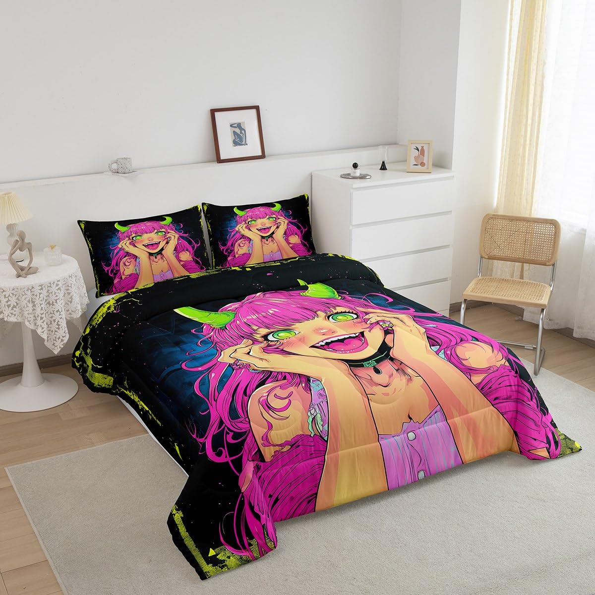 Erosebridal Anime Girl Comforter Set Full Size, Japanese Anime Bedding Set for Kids Boys Teens Bedroom Decor, Cartoon Girl Quilt Kawaii Japanese Animation Duvet Insert with 2 Pillow Cases
