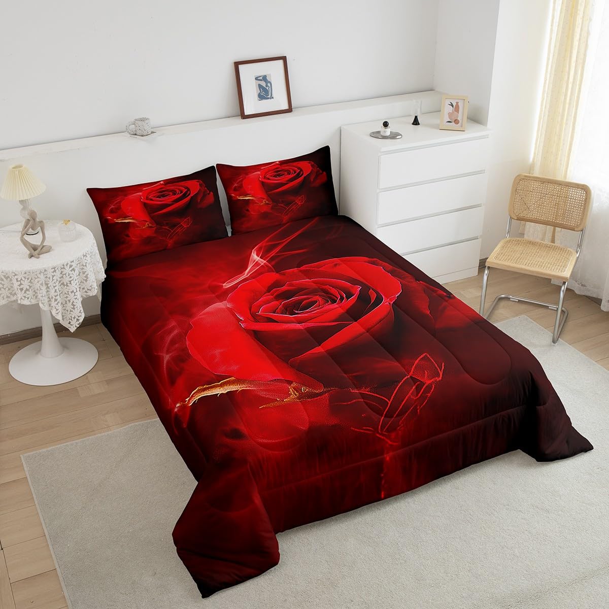Erosebridal Valentine's Day Comforter Set Queen,Black Red Rose Floral Bedding Sets for Girls Women,Elegant Flowers 3D Print Quilt Set Soft Luxury Microfiber 3Pcs Quilted Comforter with 2 Pillow Shams
