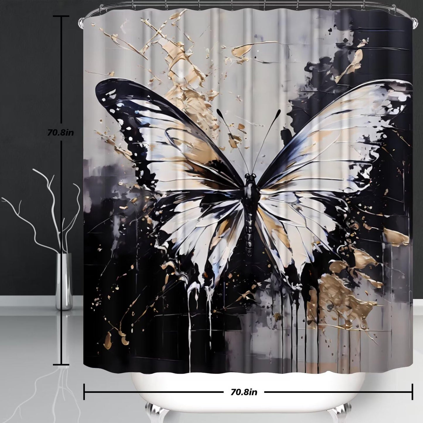 Chrainy 4pcs Black Butterfly Shower Curtain Set with Rugs Grey and Gold Bathroom Set Modern Bathroom Accessories Decor with Bath Mats,Rugs