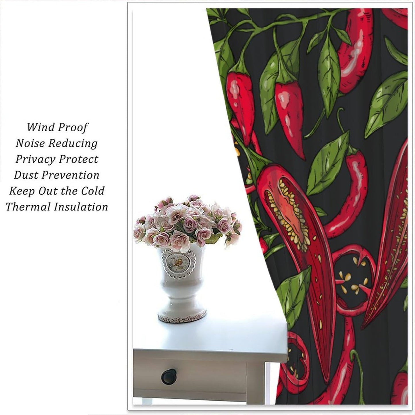 BenYaSong Chilli Long Decor Window Curtain，Mexican Hot Slices Halves Pieces Organic Healthy Farm Agriculture Leaf for Home Kitchen Restaurant Decoration Window Curtain 2Panel 42" W X 45" L