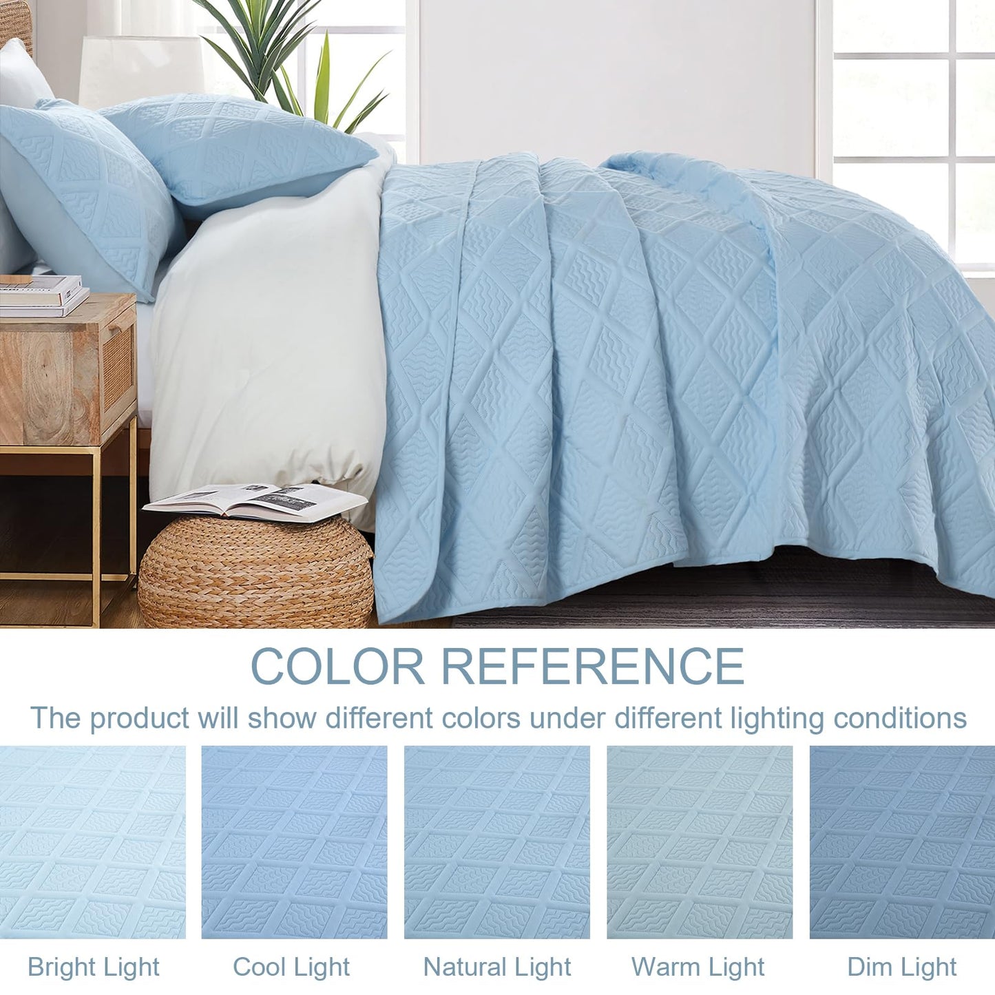 Yiran Ash Blue Quilt Set King Size, 3 Piece Reversible Bedspreads Bedding Set, Fall Diamond Pattern Coverlet for All Season with 2 Pillow Shams (King, 106x96 Inch)