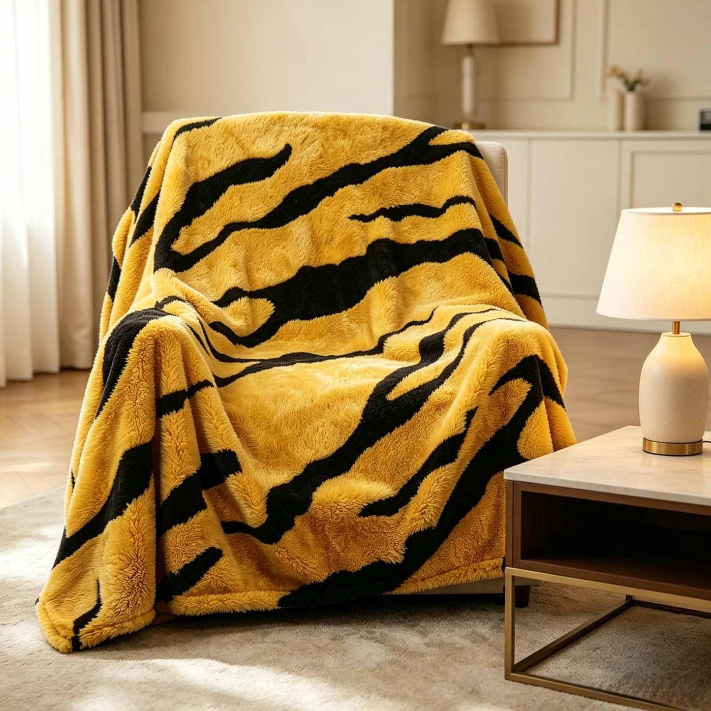 BYKOSY Zebra Printed Fleece Throw Blanket-Cozy Soft Lightweight Fuzzy Throw Blanket for Sofa, Couch, Bed & Chair,Black and Yellow, 50" x 70"