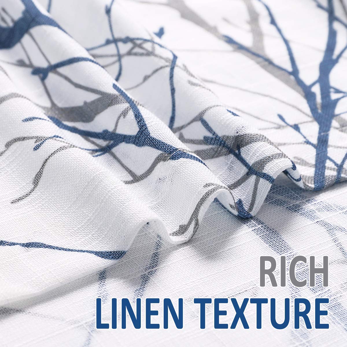 FMFUNCTEX Blue White Curtains 50" X 45" for Kitchen Living Room Tree Branch Print Wrinkle- Free Small Linen Texture Semi Sheer Window Panels for Bedroom 2 Panels, Grommet Top