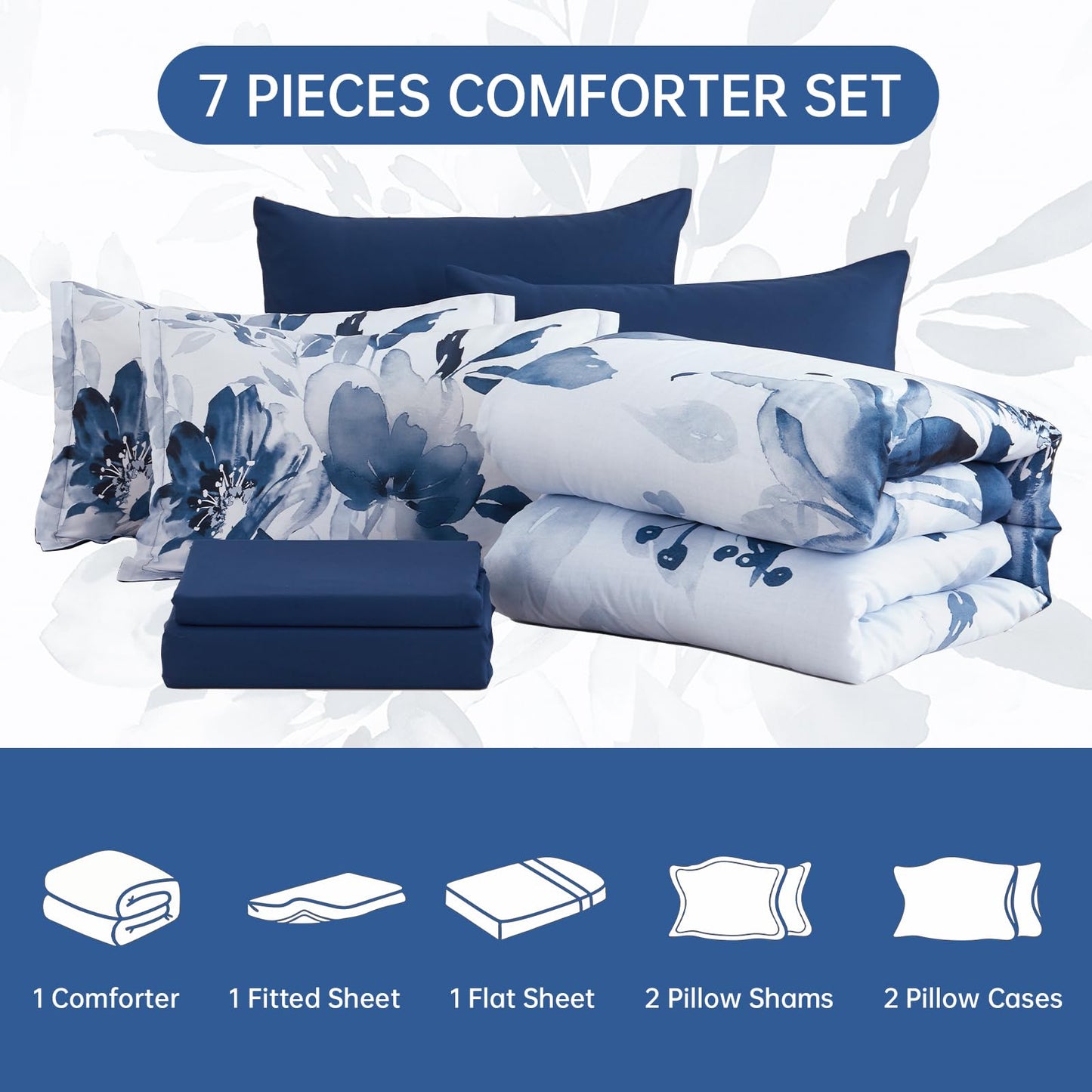 Luxudecor Floral Comforter Set Queen Size, 7 Piece Blue Flower Set Bed in a Bag,Soft Microfiber Farmhouse Shabby Chic Bedding Set for All Seasons(90"x90")