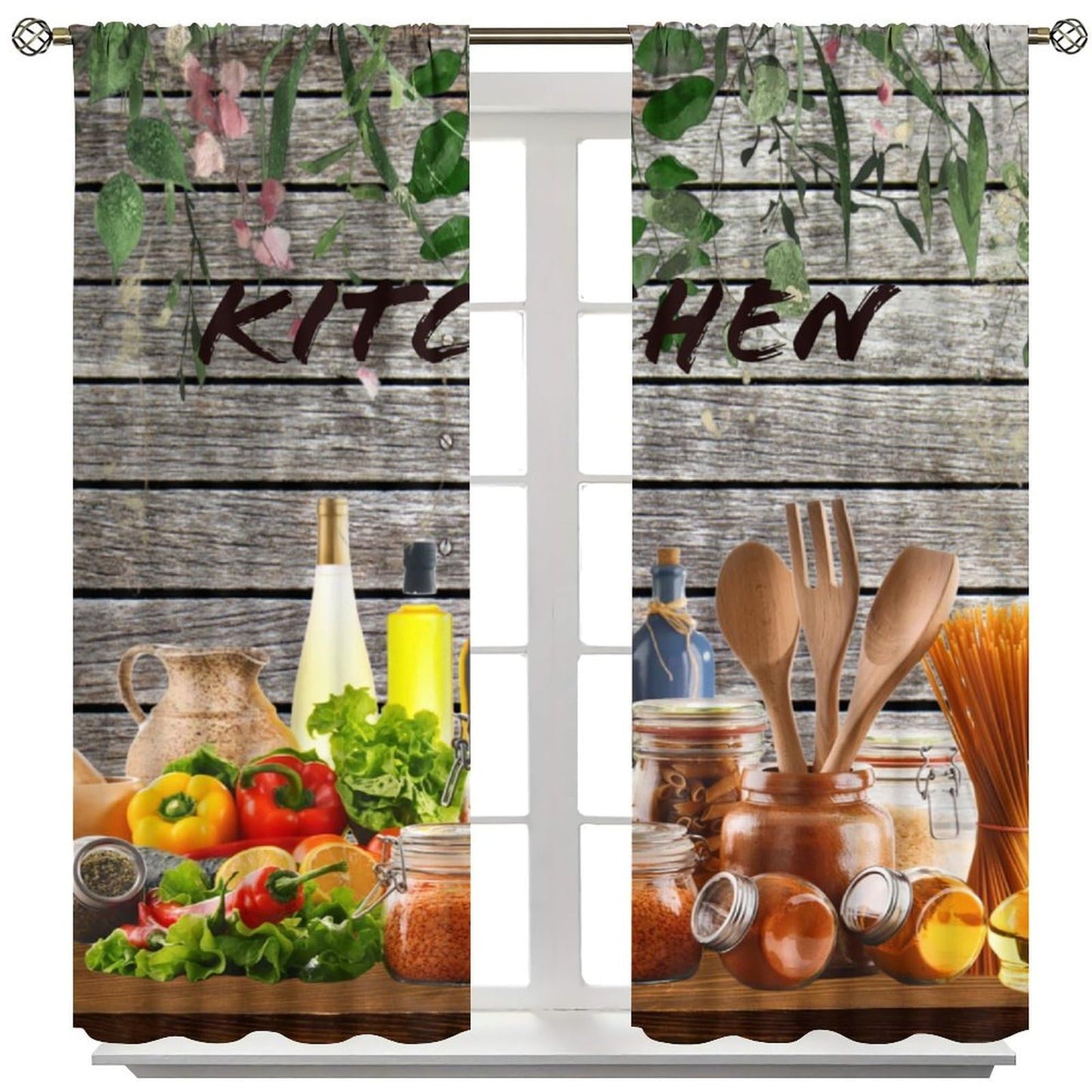 Farmhouse Kitchen Curtains Rustic Kitchenware Colourful Rustic Nature Botanical Chef Cutlery Spoon Cooking Rod Pocket Window Treatments for Living Room Bedroom 2 Panel Set 41" x 45" (No Blackout)