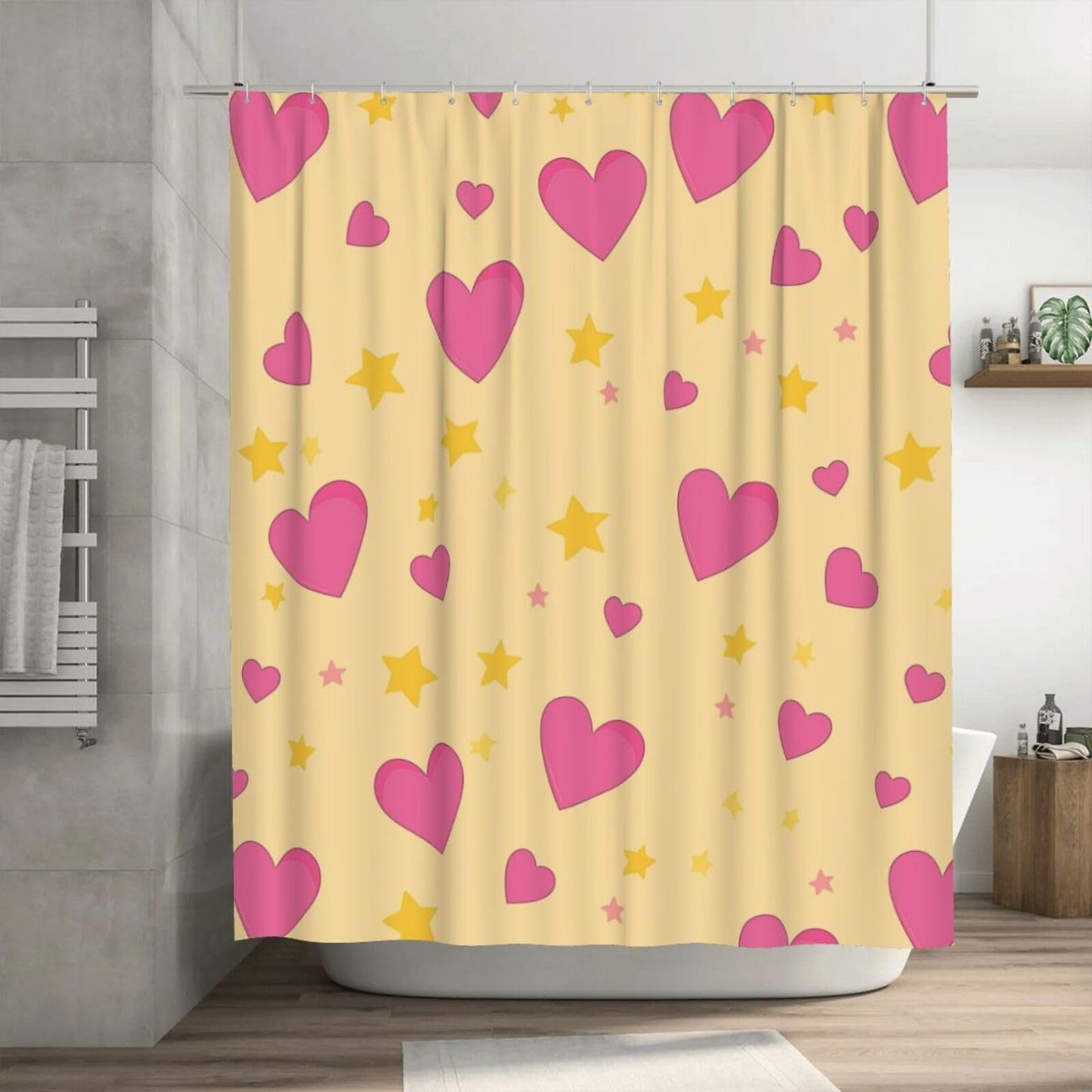 HSYOYO Pink Hearts Yellow Shower Curtains for Bathroom Waterproof Shower Curtain Set with 12 Plastic Hooks Washable Bathroom Curtain Modern Bathroom Decor 72" W x 72" L
