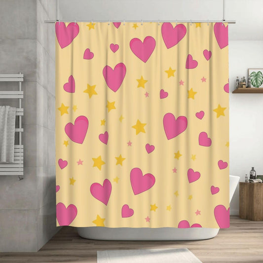 HSYOYO Pink Hearts Yellow Shower Curtains for Bathroom Waterproof Shower Curtain Set with 12 Plastic Hooks Washable Bathroom Curtain Modern Bathroom Decor 72" W x 72" L
