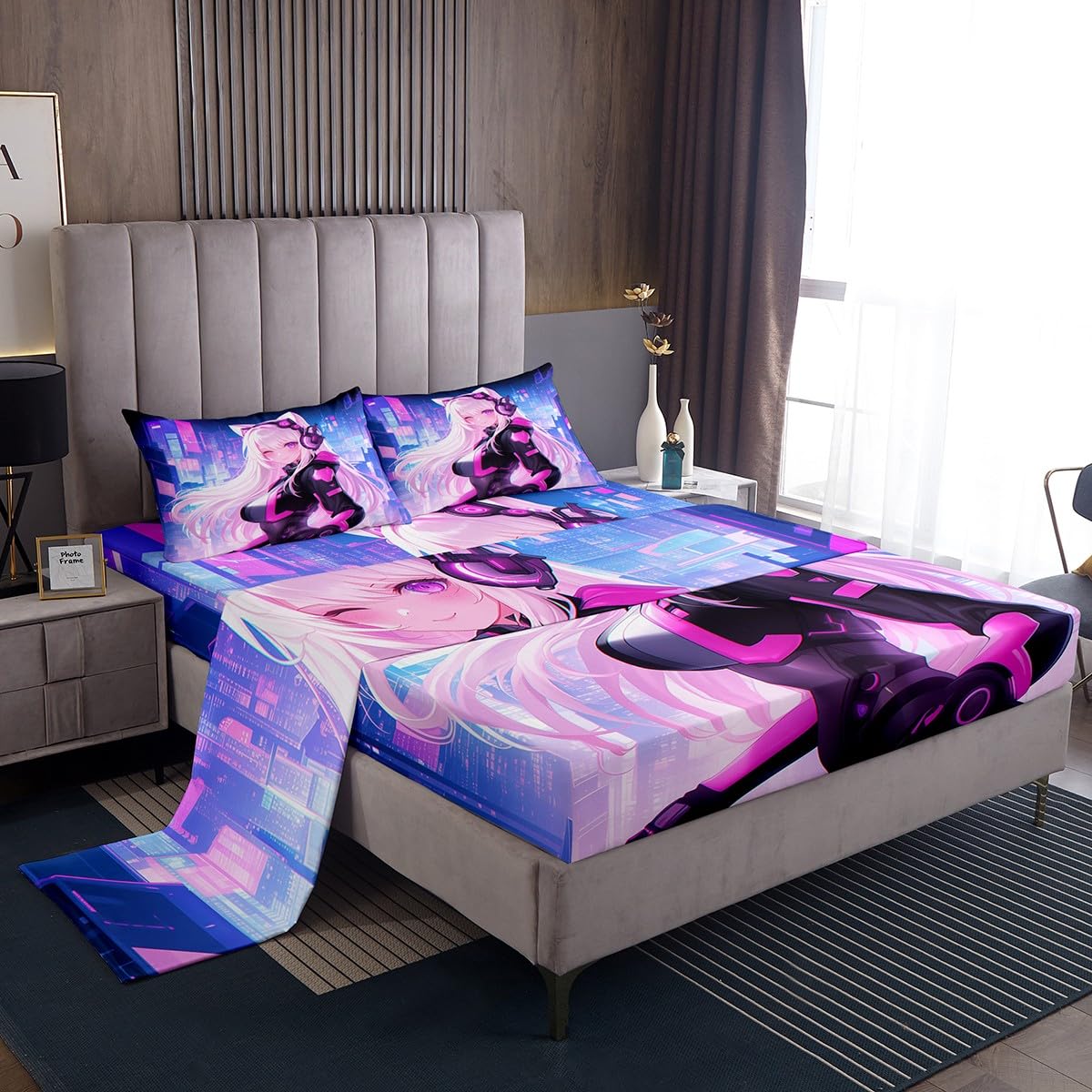 Erosebridal Twin Anime Girl Top Fitted Sheet 3 Piece, Kawaii Japanese Anime Sheet Set Cartoon Girl Bed Sheets Sci Fi Style Japanese Animation Bedding Set for Kids Girls Teens Adult Room