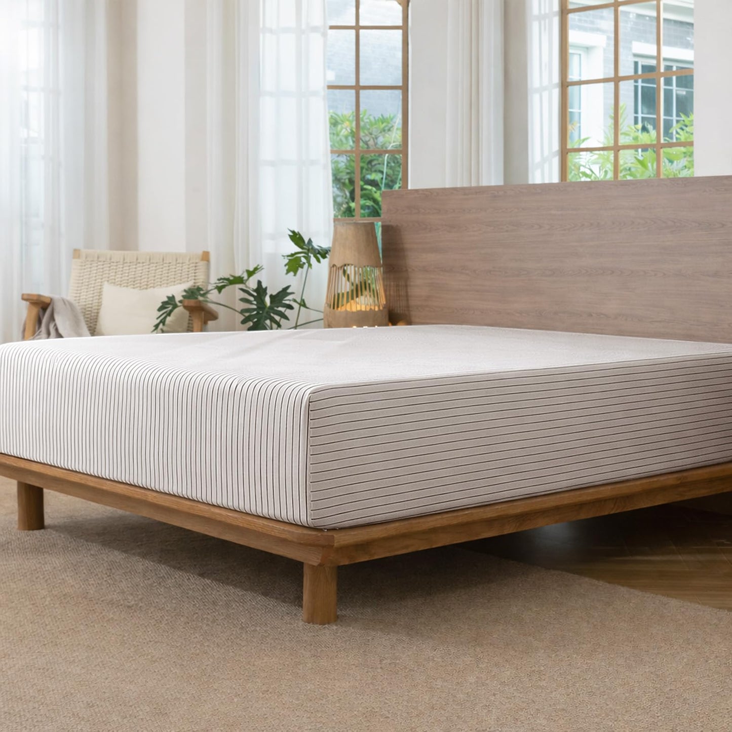 MooMee Fitted Bottom Sheet Only 100% Washed Cotton Linen Like Textured Breathable Durable Soft Comfy Deep Pocket Fits Mattress up to 17" (White Dark Grey Wide Stripes, Queen)